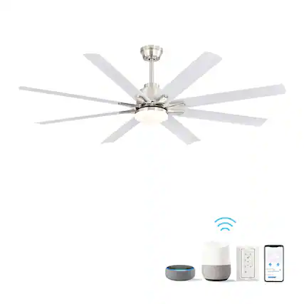 Front. Loheer - 66" Modern Ceiling Fan with Dimmable LED, Reversible DC Motor & Remote - Nickel + Metal.