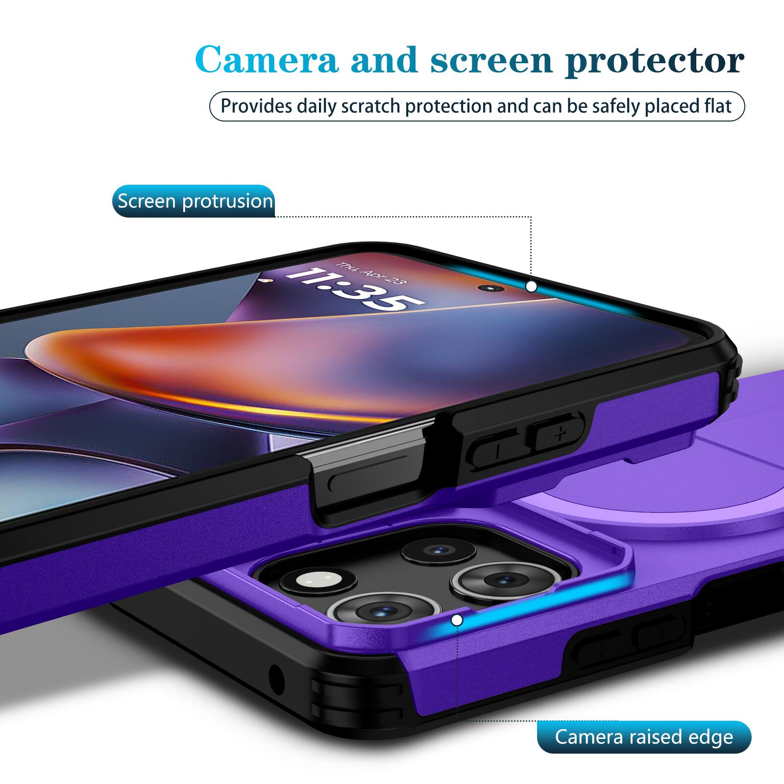 Camera and screen protector  
Provides daily scratch protection and can be safely placed flat  

Screen protrusion  
11:35  

Camera raised edge
