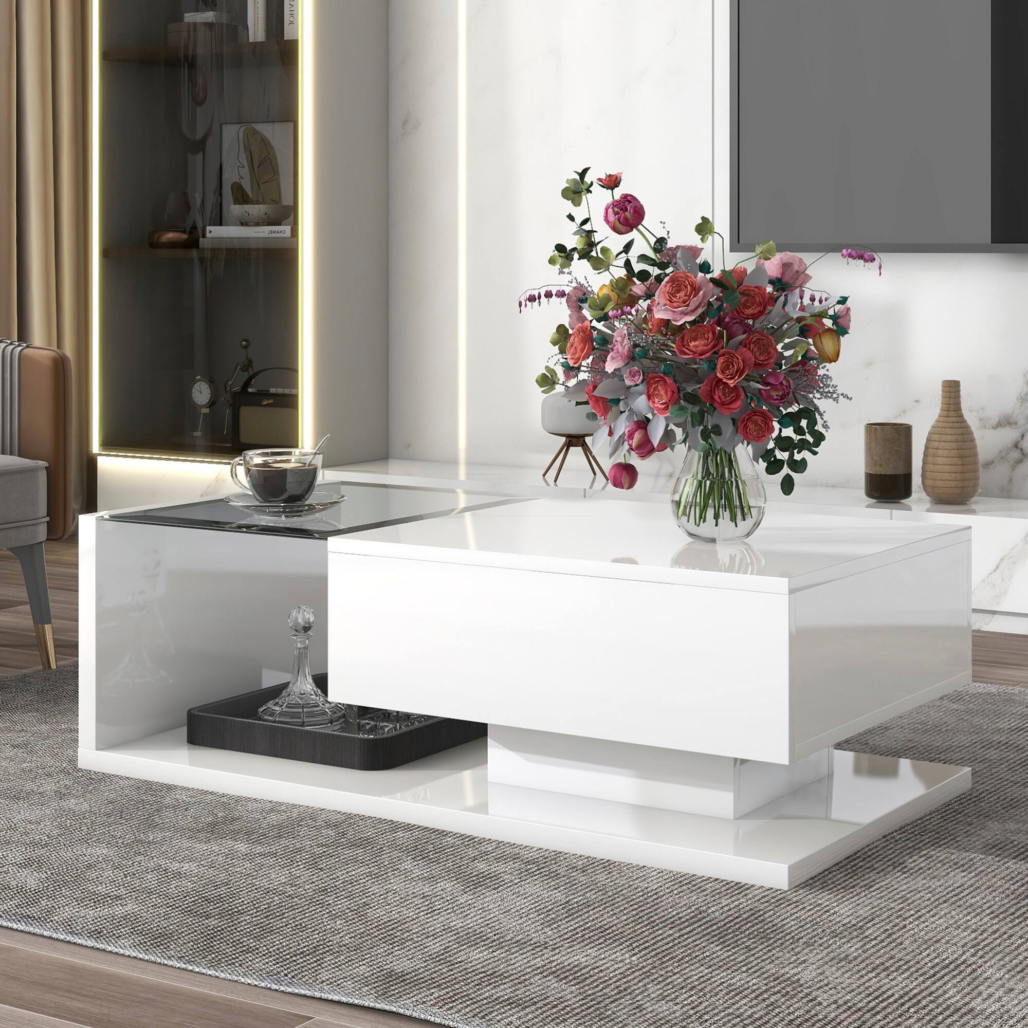 Angle. GOODSILO - Modern Coffee Table with Tempered Glass Top and High-Gloss UV Finish, Two-Tier Rectangular Center Table - White.