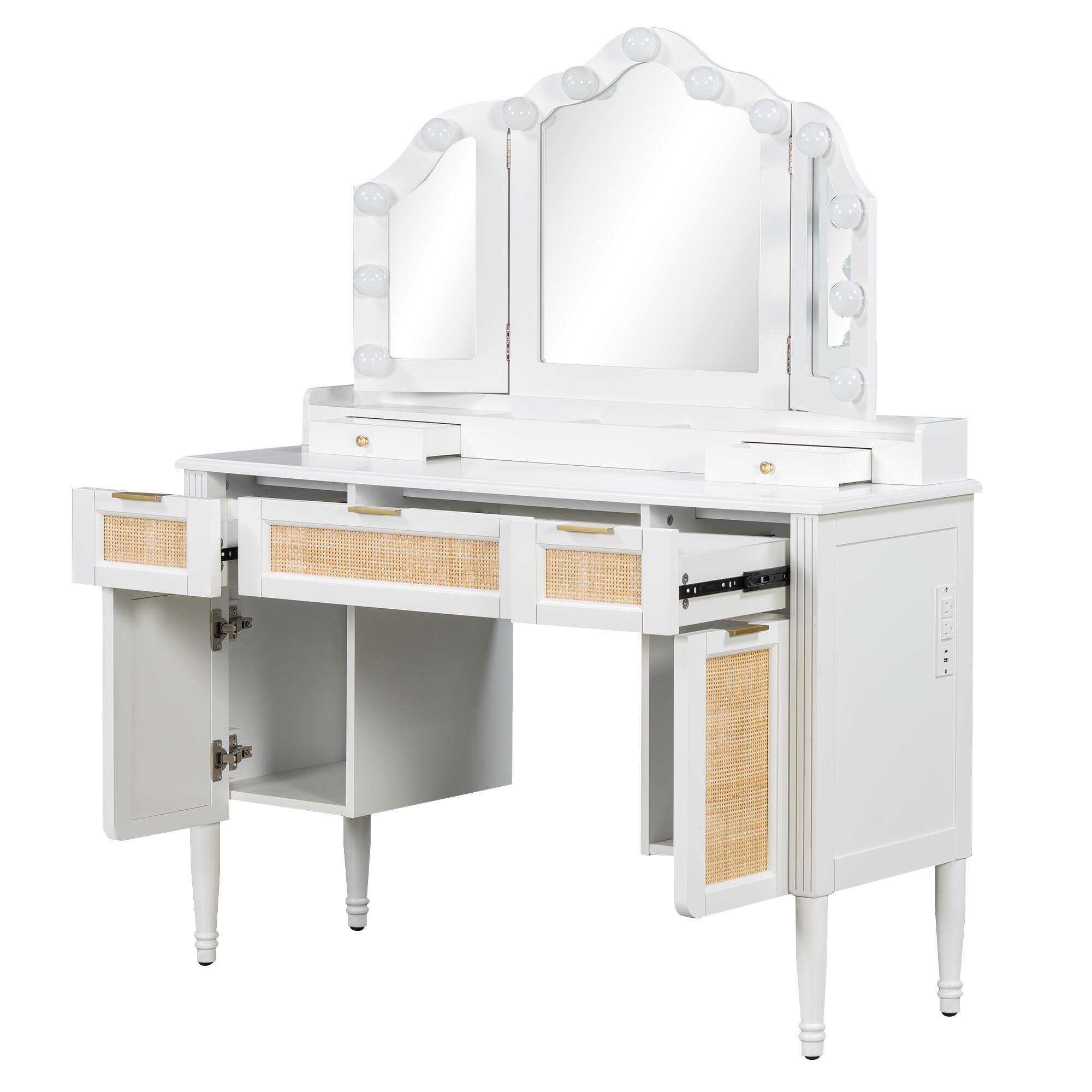 Back. Whisen - Dresser Makeup Vanity Table with Tri-Fold Mirror,13 Hollywood LED Lights,5 Drawers and Charging Station - White.