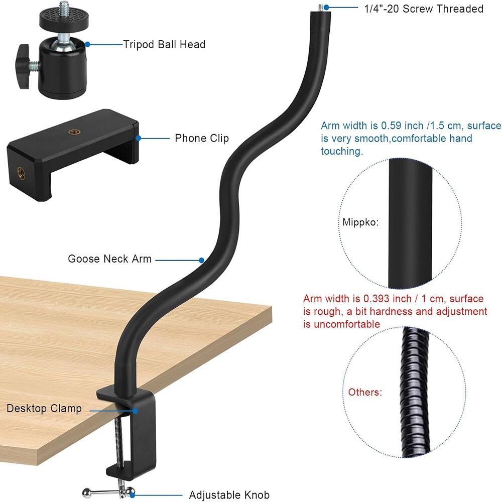 1/4"-20 Screw Threaded

Tripod Ball Head

Phone Clip

Goose Neck Arm

Desktop Clamp

Adjustable Knob

Arm width is 0.59 inch / 1.5 cm, surface is very smooth, comfortable hand touching.

Mippko:
Arm width is 0.393 inch / 1 cm, surface is rough, a bit hardness and adjustment is uncomfortable.

Others: