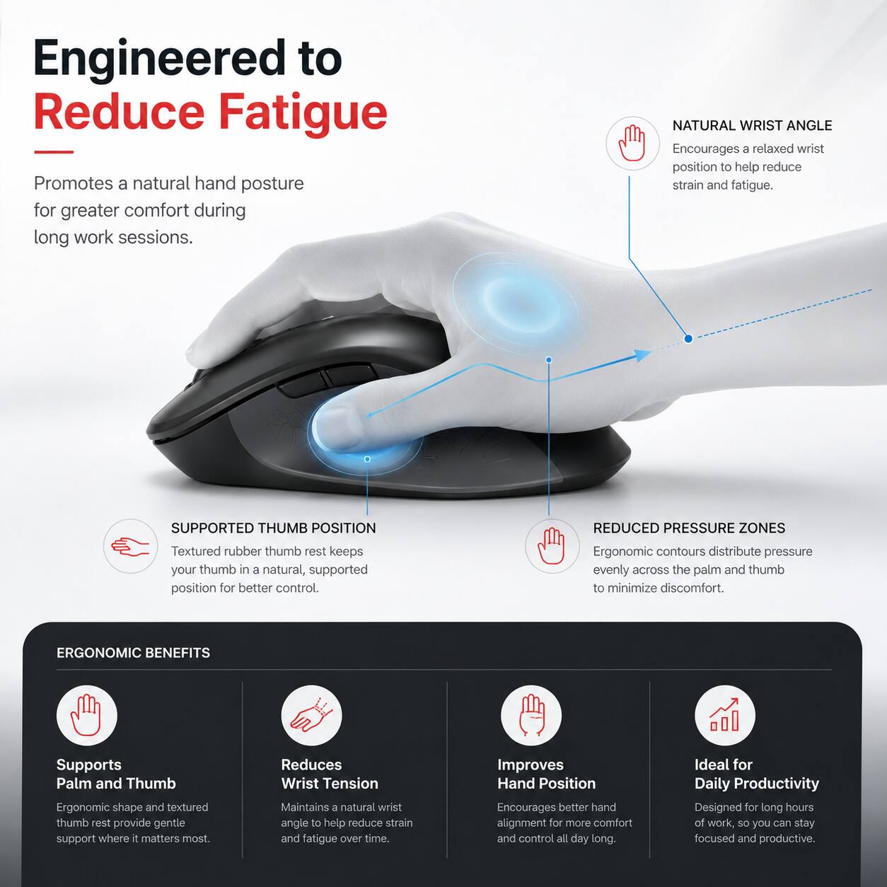 Engineered to Reduce Fatigue

Promotes a natural hand posture for greater comfort during long work sessions.

NATURAL WRIST ANGLE
Encourages a relaxed wrist position to help reduce strain and fatigue.

SUPPORTED THUMB POSITION
Textured rubber thumb rest keeps your thumb in a natural, supported position for better control.

REDUCED PRESSURE ZONES
Ergonomic contours distribute pressure evenly across the palm and thumb to minimize discomfort.

ERGONOMIC BENEFITS

Supports Palm and Thumb
Ergonomic shape and textured thumb rest provide gentle support where it matters most.

Reduces Wrist Tension
Maintains a natural wrist angle to help reduce strain and fatigue over time.

Improves Hand Position
Encourages better hand alignment for more comfort and control all day long.

Ideal for Daily Productivity
Designed for long hours of work, so you can stay focused and productive.