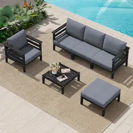 SERWALL - HDPE Outdoor Furniture Set, 6 Pieces Patio Sectional Sofa Set, Modular Design for Flexible Combination - Black/Grey