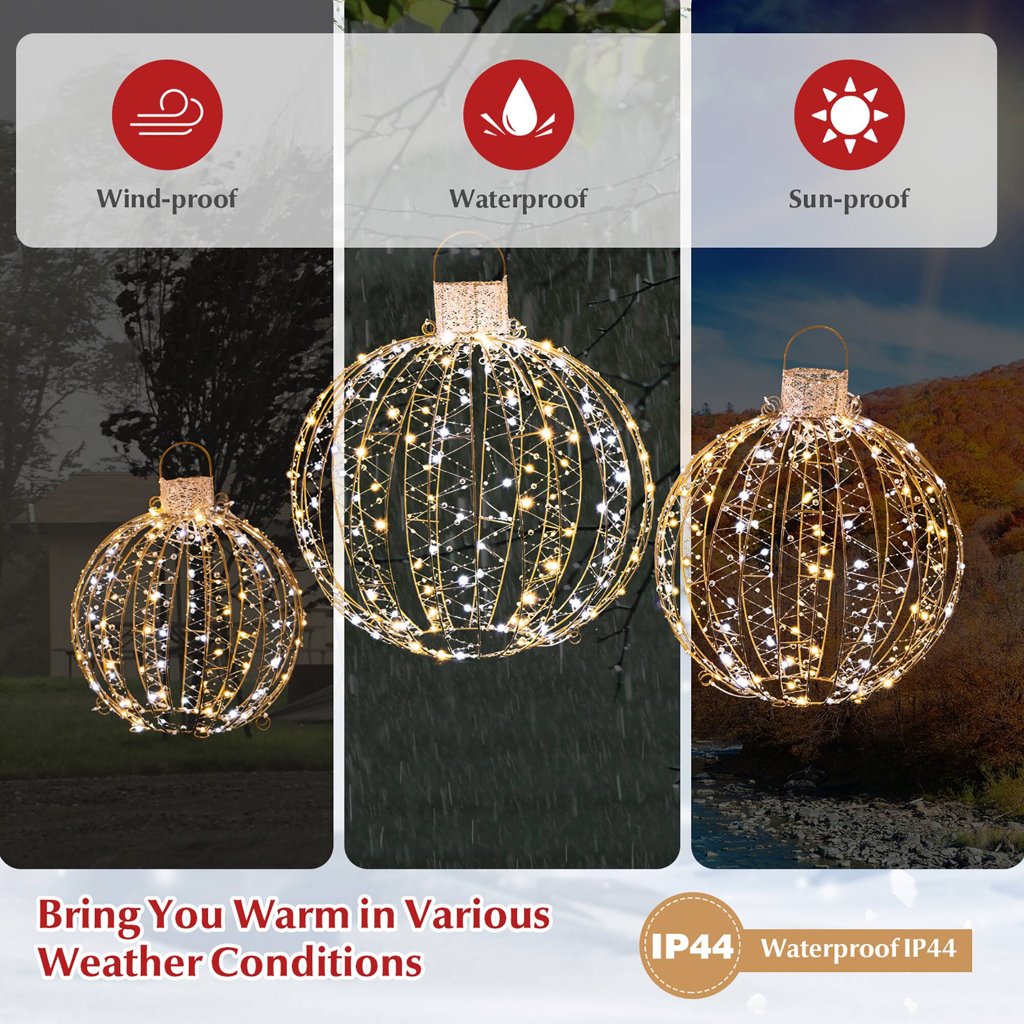 The text on the image reads: "Bring You Warm in Various Weather Conditions IP44 Waterproof IP44." This text is grouped and corrected as follows:

"Bring You Warm in Various Weather Conditions IP44 Waterproof IP44"

The text is grouped correctly, and the corrections are made to ensure proper grammar and phrasing.