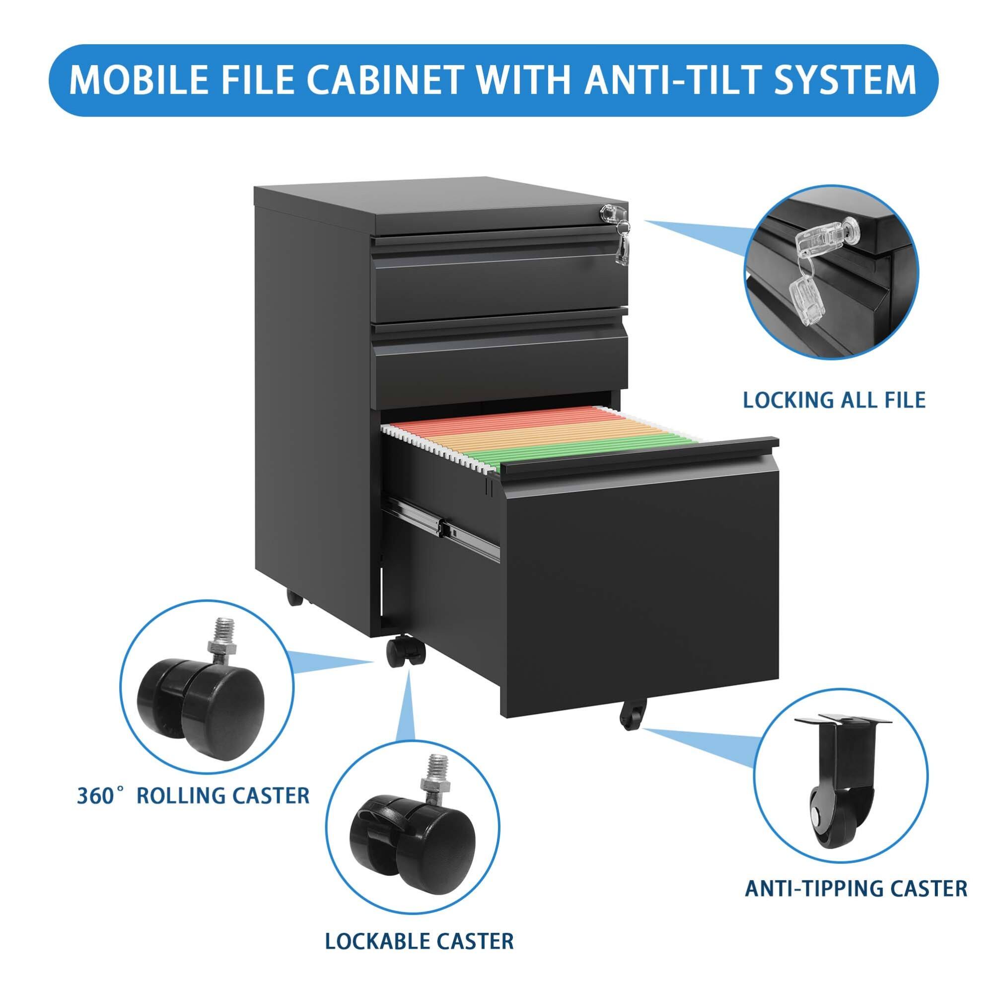 MOBILE FILE CABINET WITH ANTI-TILT SYSTEM

- LOCKING ALL FILE
- 360° ROLLING CASTER
- LOCKABLE CASTER
- ANTI-TIPPING CASTER