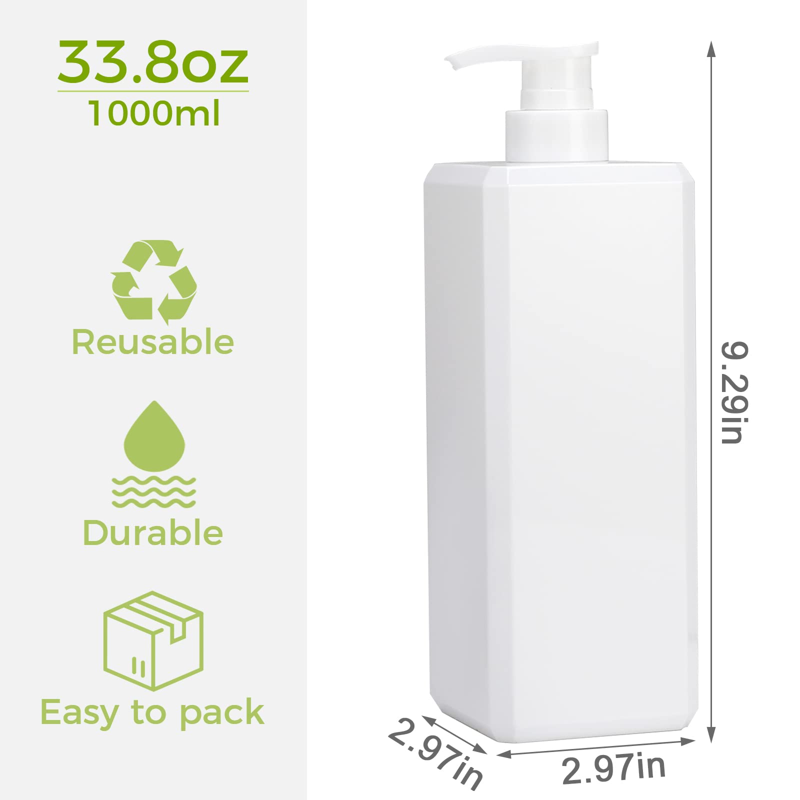 33.8oz  
1000ml  

Reusable  
Durable  
Easy to pack  

9.29in  
2.97in  
2.97in