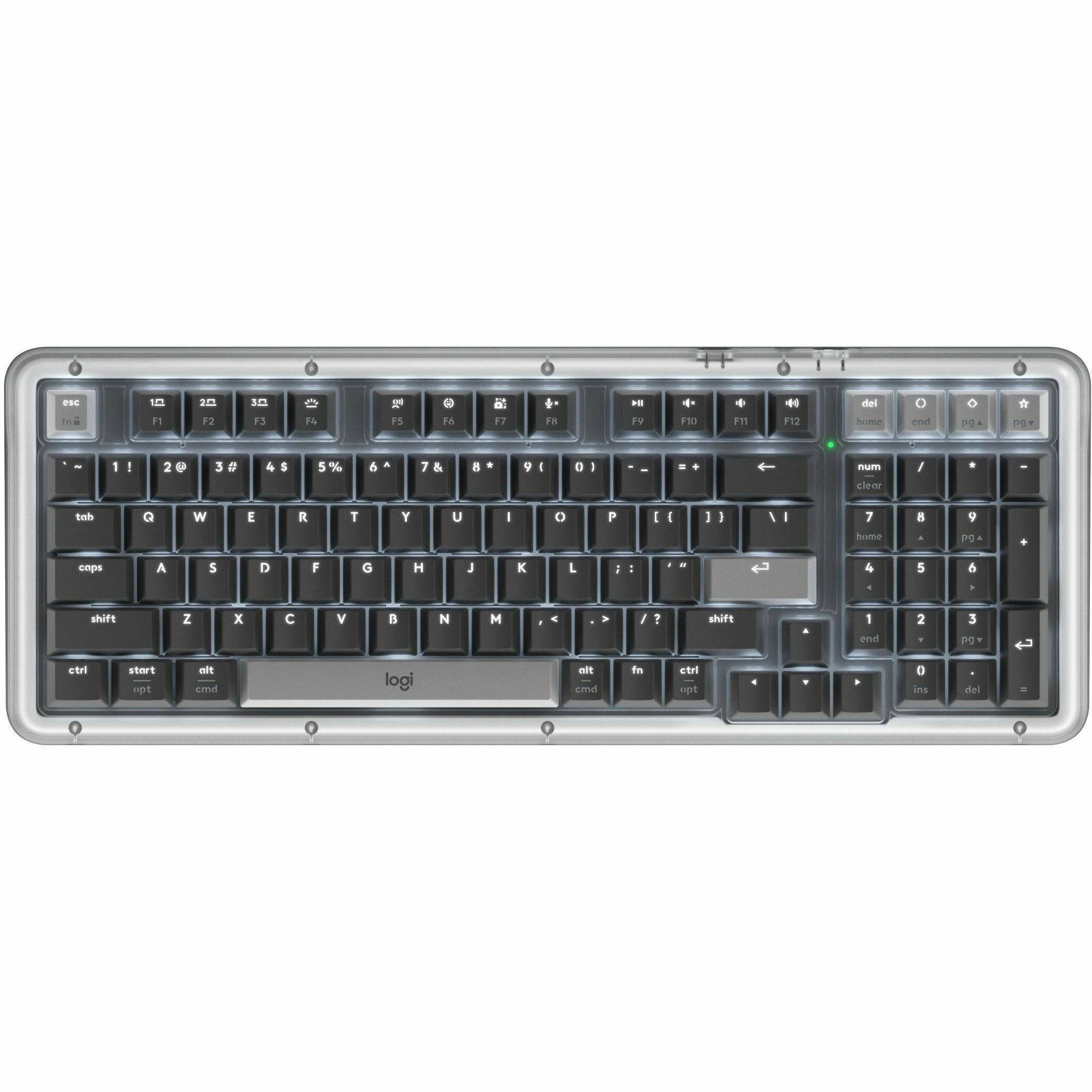 Sure, here is the corrected and grouped text from the image:

```
esc 1 2 3 4 5 6 7 8 9 0 - = del home end pg up pg dn
tab Q W E R T Y U I O P [ ] \ num / * - + num clear
caps A S D F G H J K L ; ' shift 7 8 9 0 - = ins del
shift Z X C V B N M , . / shift 4 5 6 7 8 9 0 - =
ctrl start alt opt cmd
logi
```