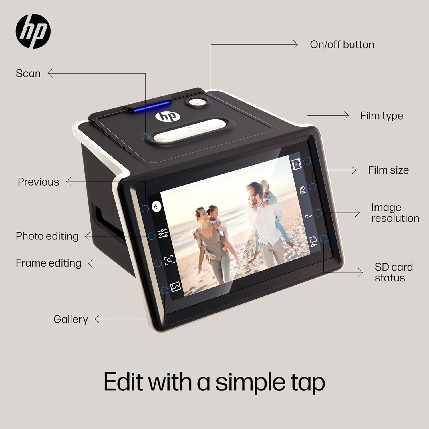 - Scan
- Previous
- Photo editing
- Frame editing
- Gallery
- On/off button
- Film type
- Film size
- Image resolution
- SD card status

Edit with a simple tap