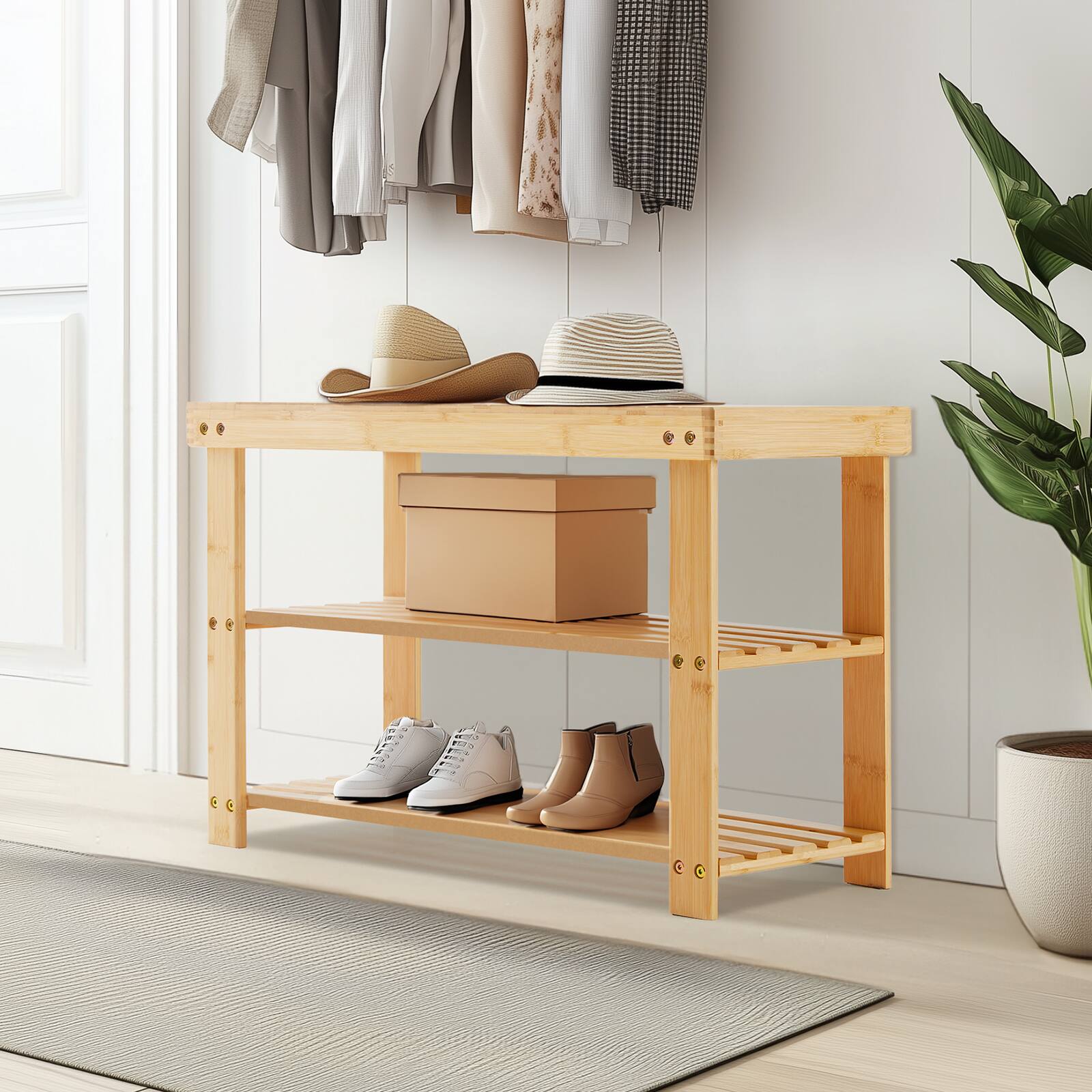 Alt View 2. Bestier - 3-Tier Bamboo Shoe Rack Bench, Compact Storage Organizer, 286lb Capacity, Suitable for Entryway Bedroom Living Room - Wood.