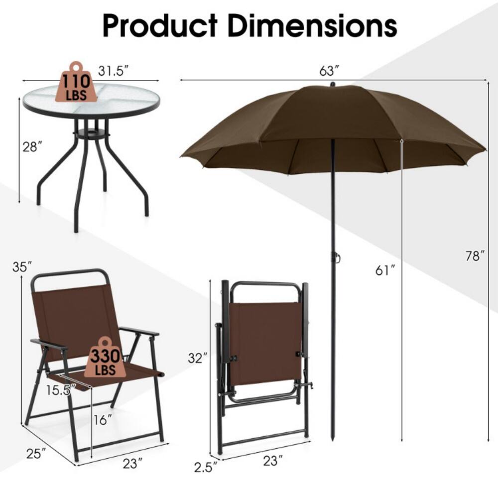 Product Dimensions:  
- Table: 31.5" diameter, 28" height, 110 lbs capacity  
- Umbrella: 63" diameter, 78" height, 61" pole length  
- Chair: 35" height, 32" width, 15.5" depth, 16" seat height, 25" seat width, 23" armrest height, 2.5" seat thickness, 23" leg width, 330 lbs capacity