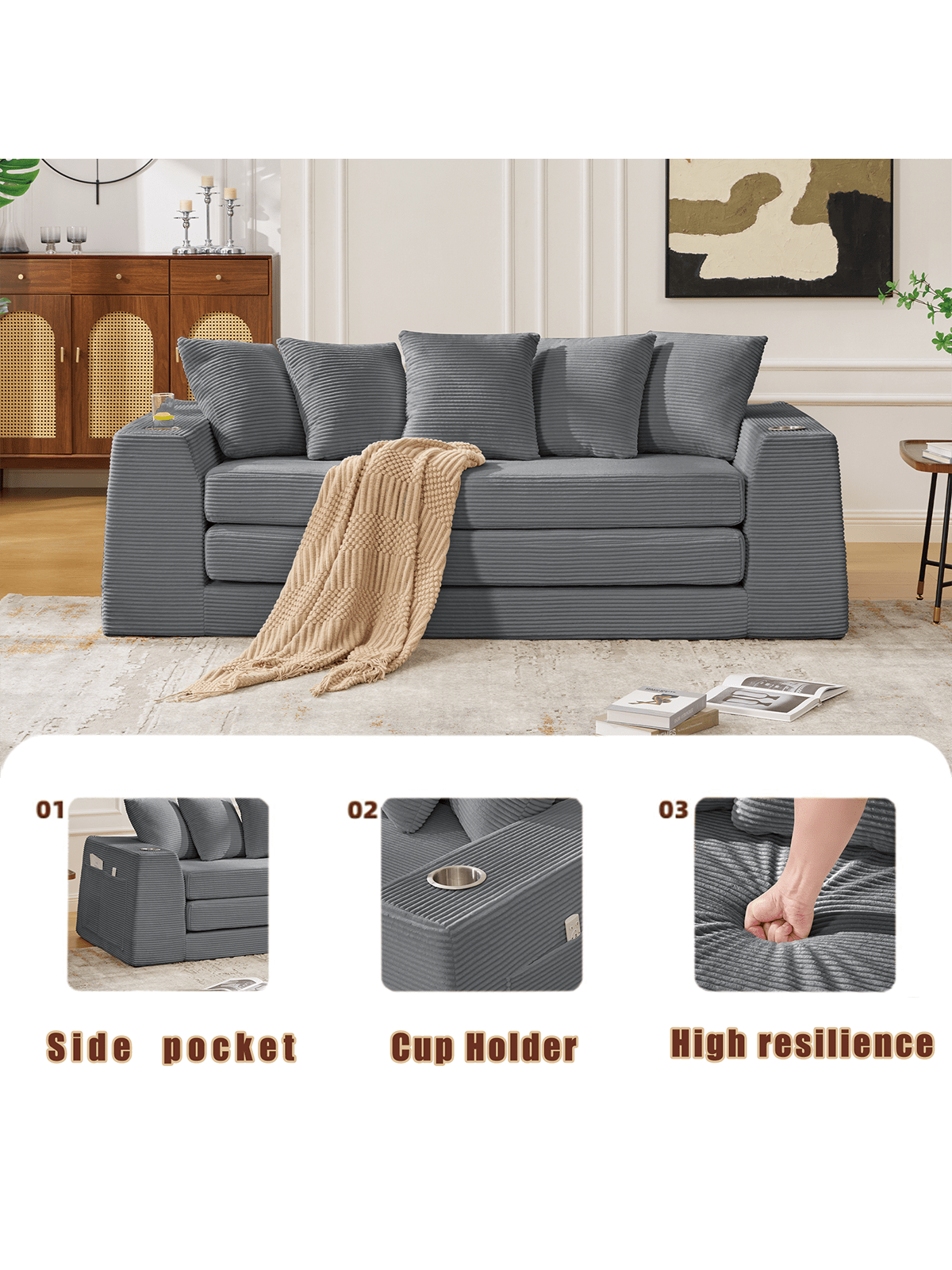 01 Side pocket  
02 Cup Holder  
03 High resilience