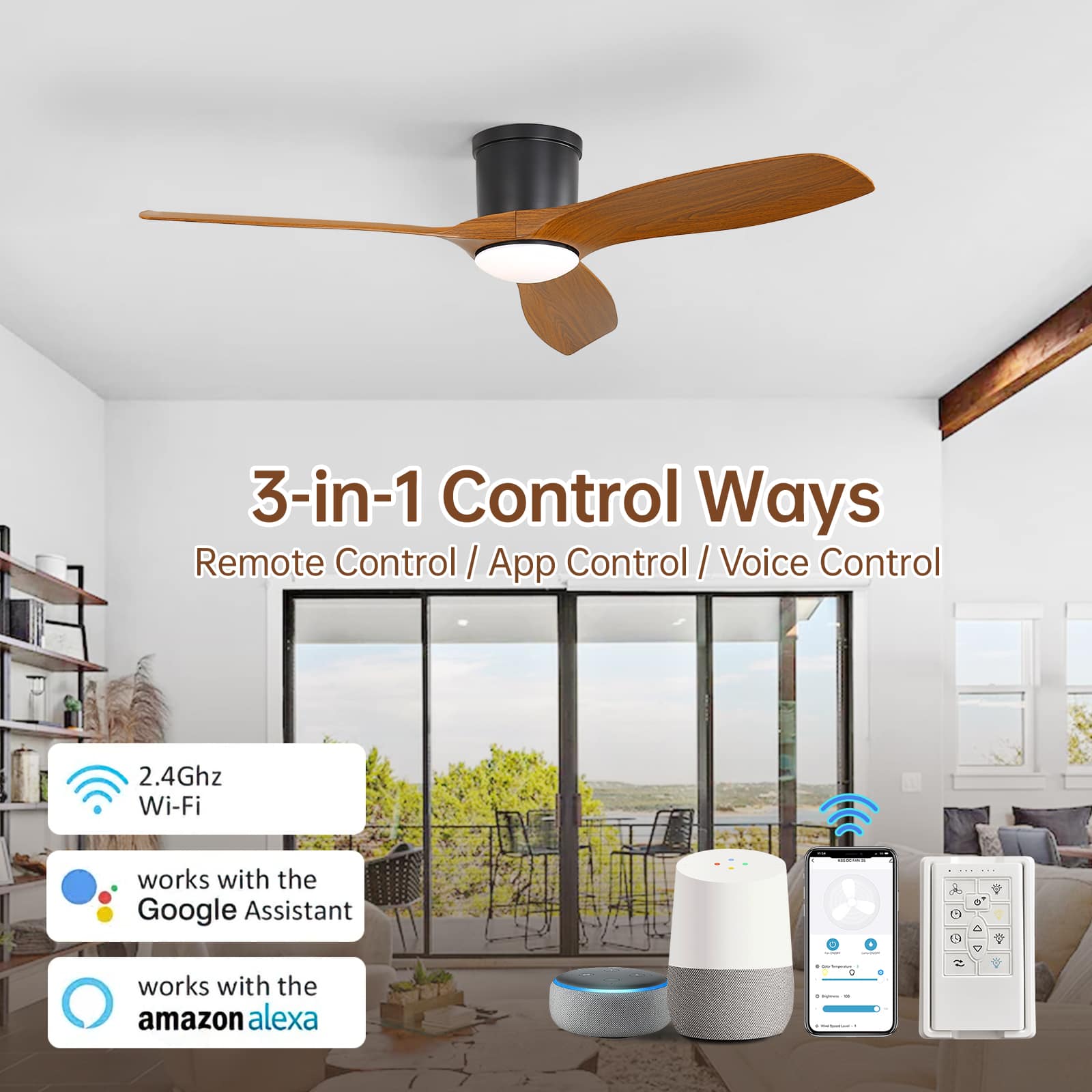 3-in-1 Control Ways  
Remote Control / App Control / Voice Control  
2.4Ghz Wi-Fi  
works with the Google Assistant  
works with the Amazon Alexa