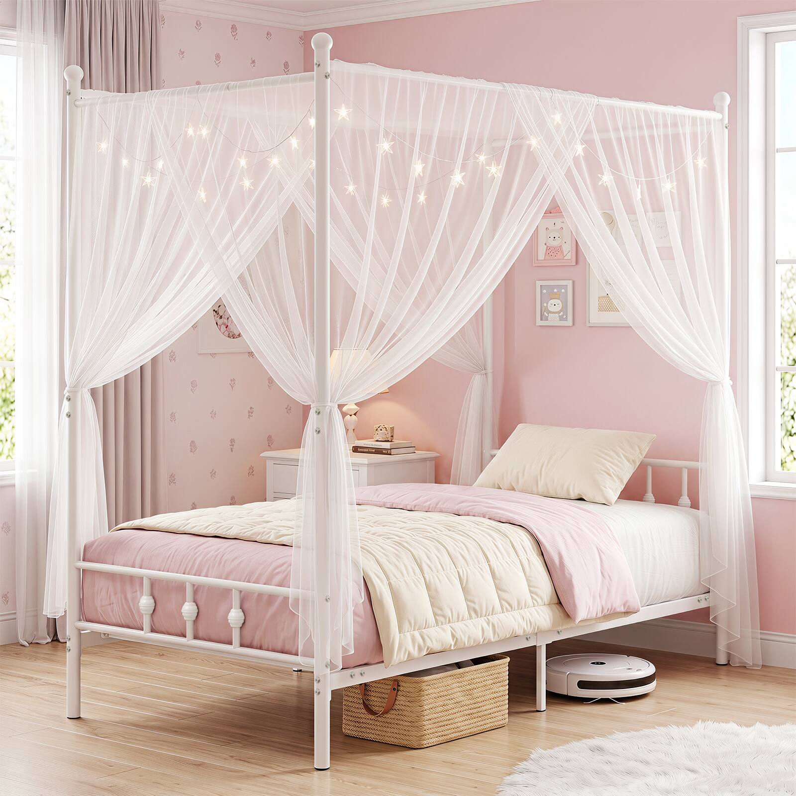 Alt View 1. Costway - Costway Twin Size Metal Canopy Bed Frame with Headboard & Footboard Metal Slat Support - White.