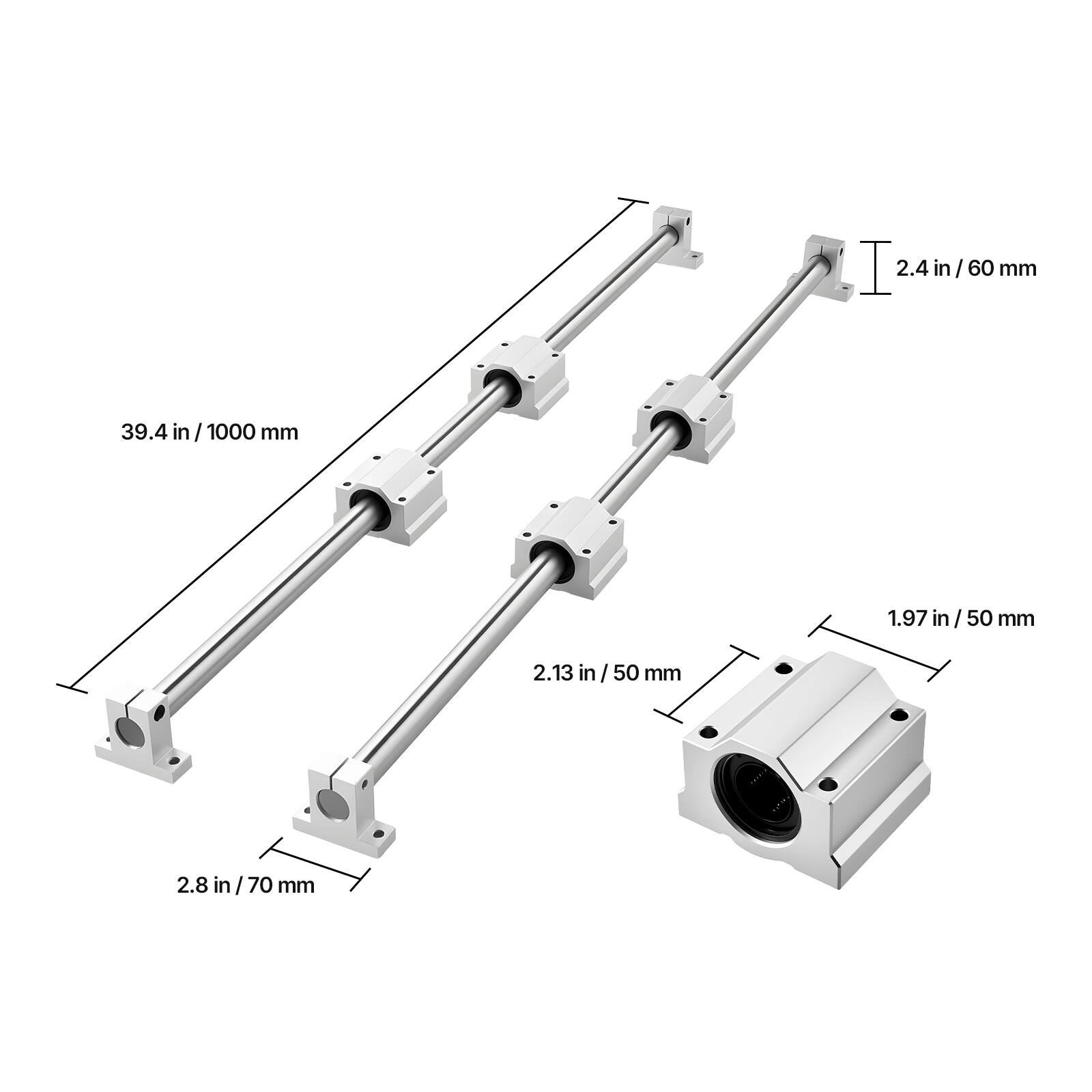 - 2.4 in / 60 mm
- 39.4 in / 1000 mm
- 1.97 in / 50 mm
- 2.13 in / 50 mm
- 2.8 in / 70 mm
