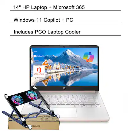 14" HP Laptop + Microsoft 365
Windows 11 Copilot + PC
Includes PCO Laptop Cooler