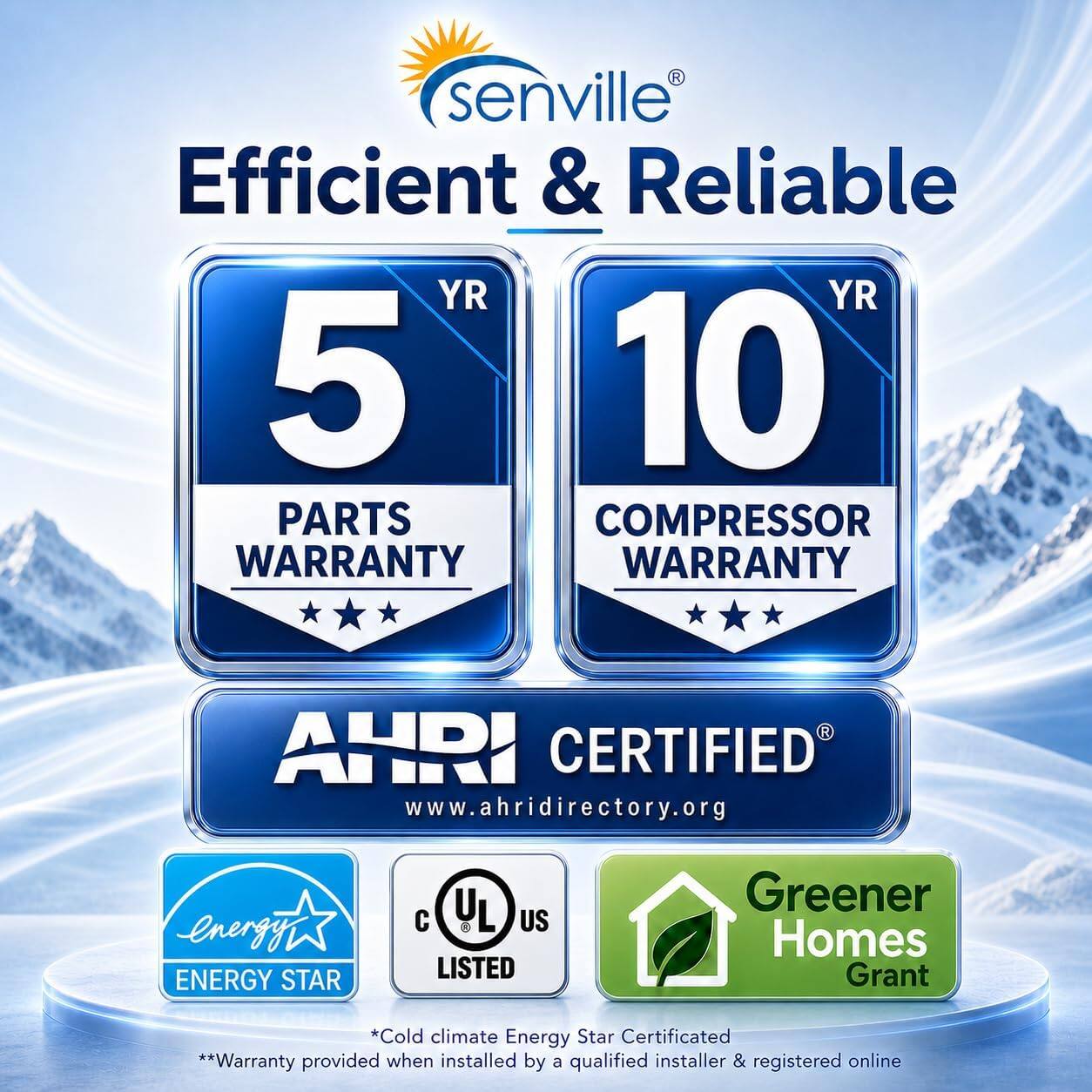 Efficient & Reliable

5 YR
PARTS WARRANTY

10 YR
COMPRESSOR WARRANTY

AHRI CERTIFIED
www.ahridirectory.org

ENERGY STAR
C UL US LISTED

Greener Homes Grant

*Cold climate Energy Star Certified
**Warranty provided when installed by a qualified installer & registered online