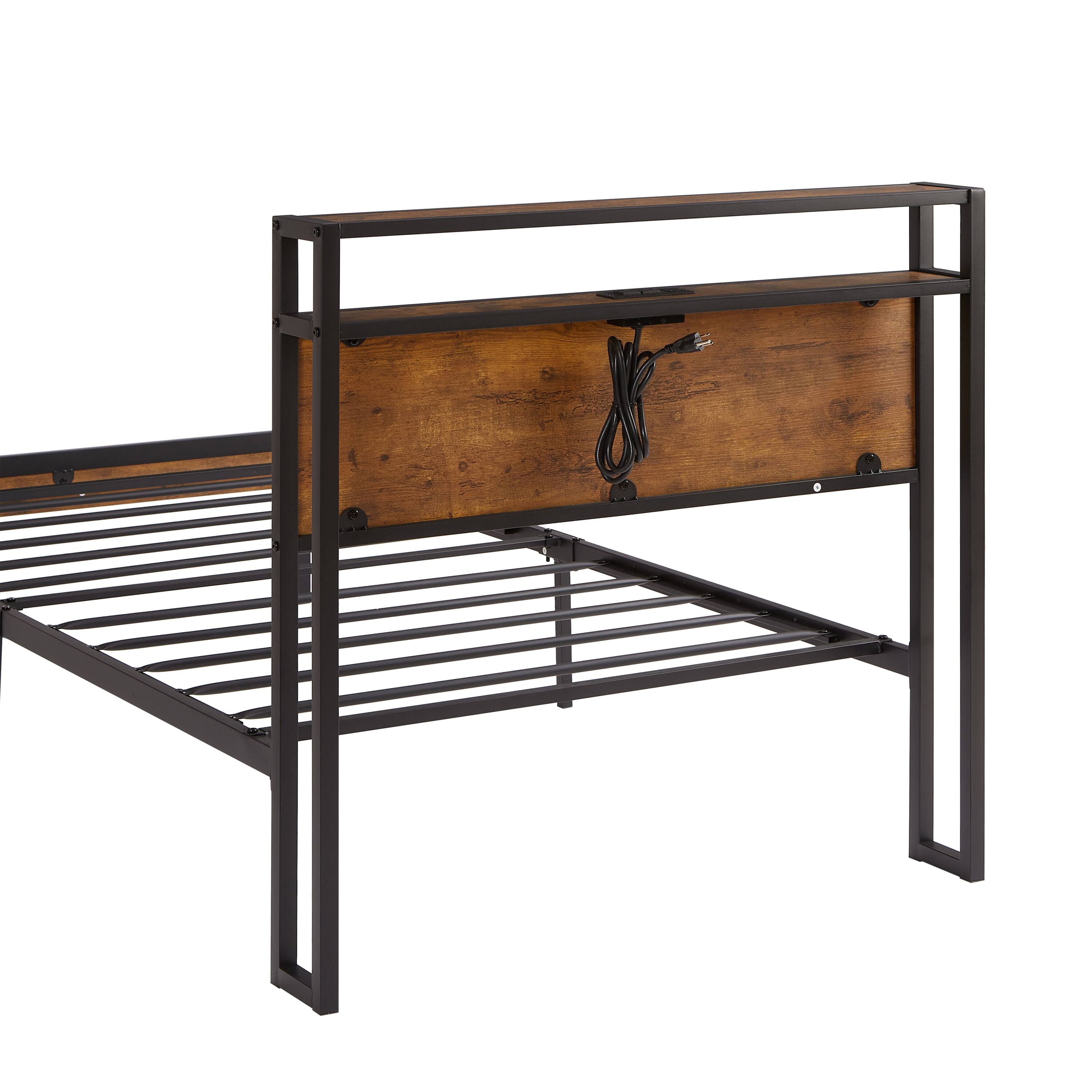 Alt View 4. LUCKY ONE - Twin Size Metal Platform Bed Frame with Wooden Headboard and Footboard,LED Lights - Black+Brown.