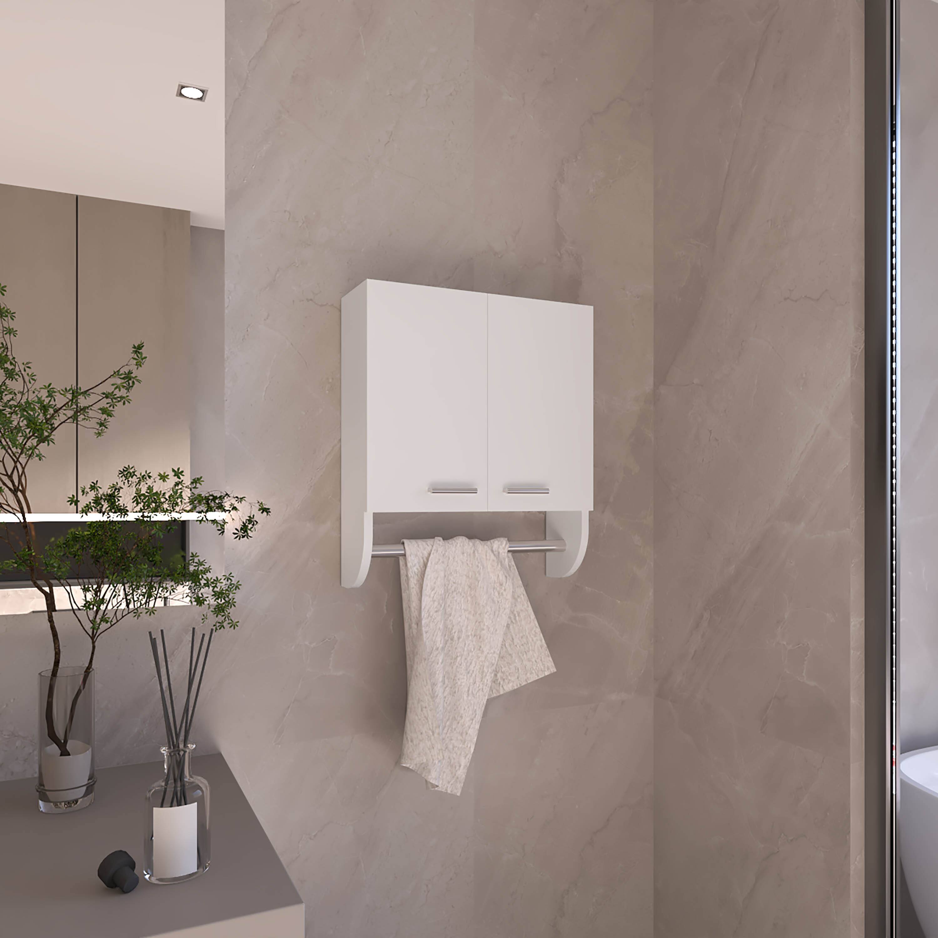 Angle. TuHome - Optim Medicine Cabinet With Towel Holder  Wide Medice Cabinet Organizer With Two Interior Shelves And Tower Holder. - White.