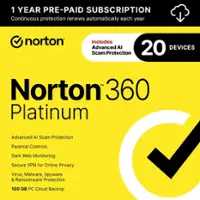 Norton - 360 Platinum (20 Device) Antivirus Internet Security Software + VPN + Dark Web Monitoring (1 Year Subscription) - Android, Apple iOS, Mac OS, Windows [Digital] - Front_Zoom