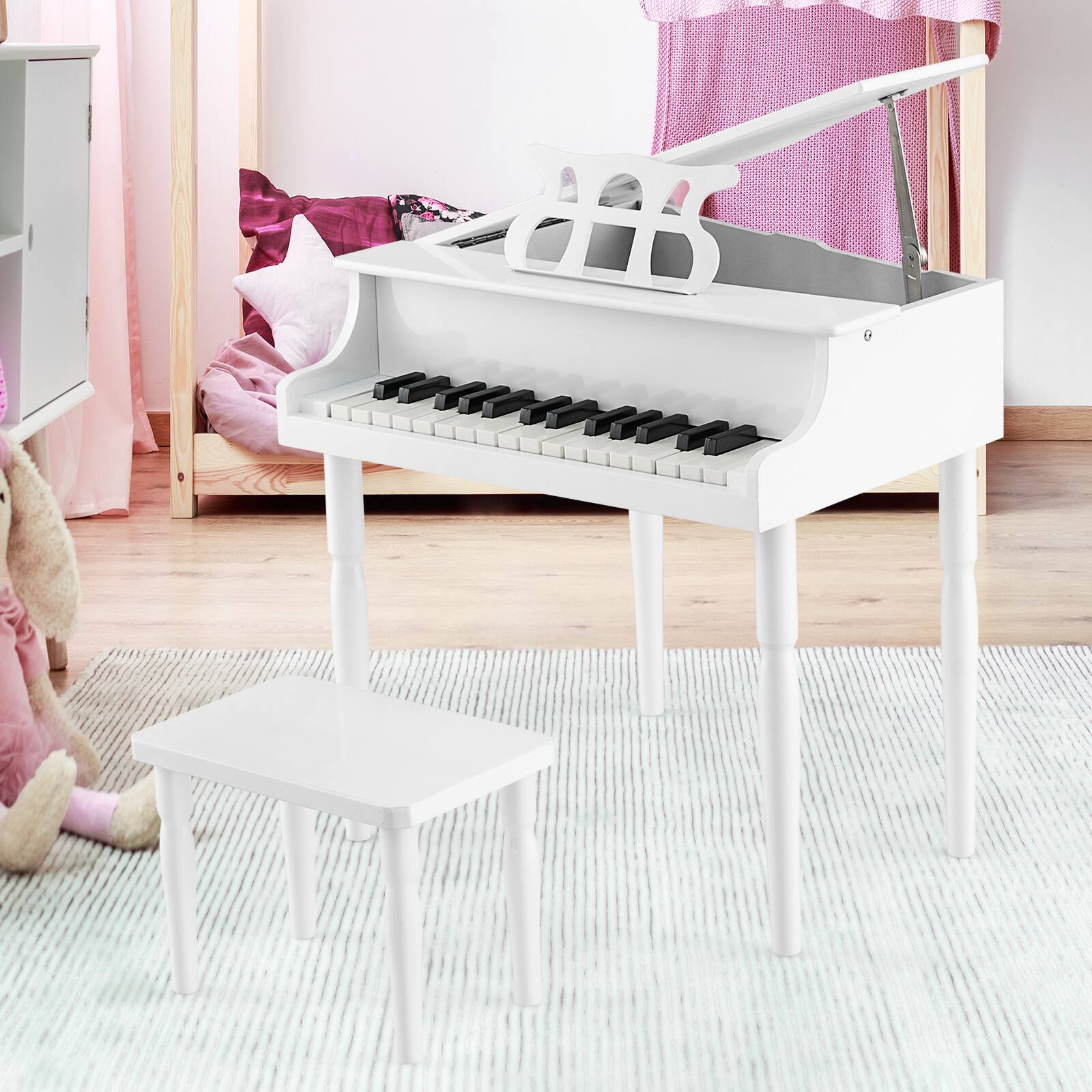 Alt View 8. Ecooso - 30-Key Wooden Kids Grand Piano with Bench and Music Stand, Pretend Play Instrument.