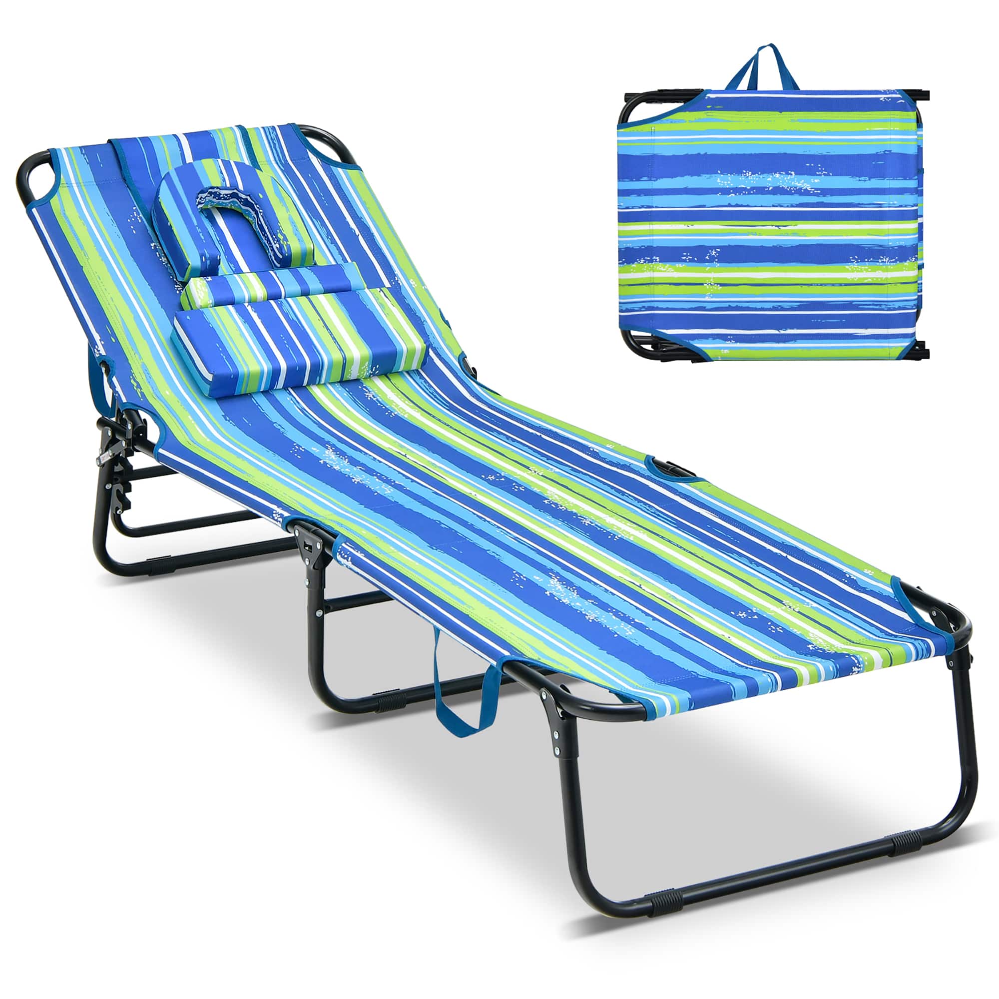 Costway - Beach Chaise Lounge Chair with Face Hole Pillows & 4-Position Adjustable Backrest - Blue,Green