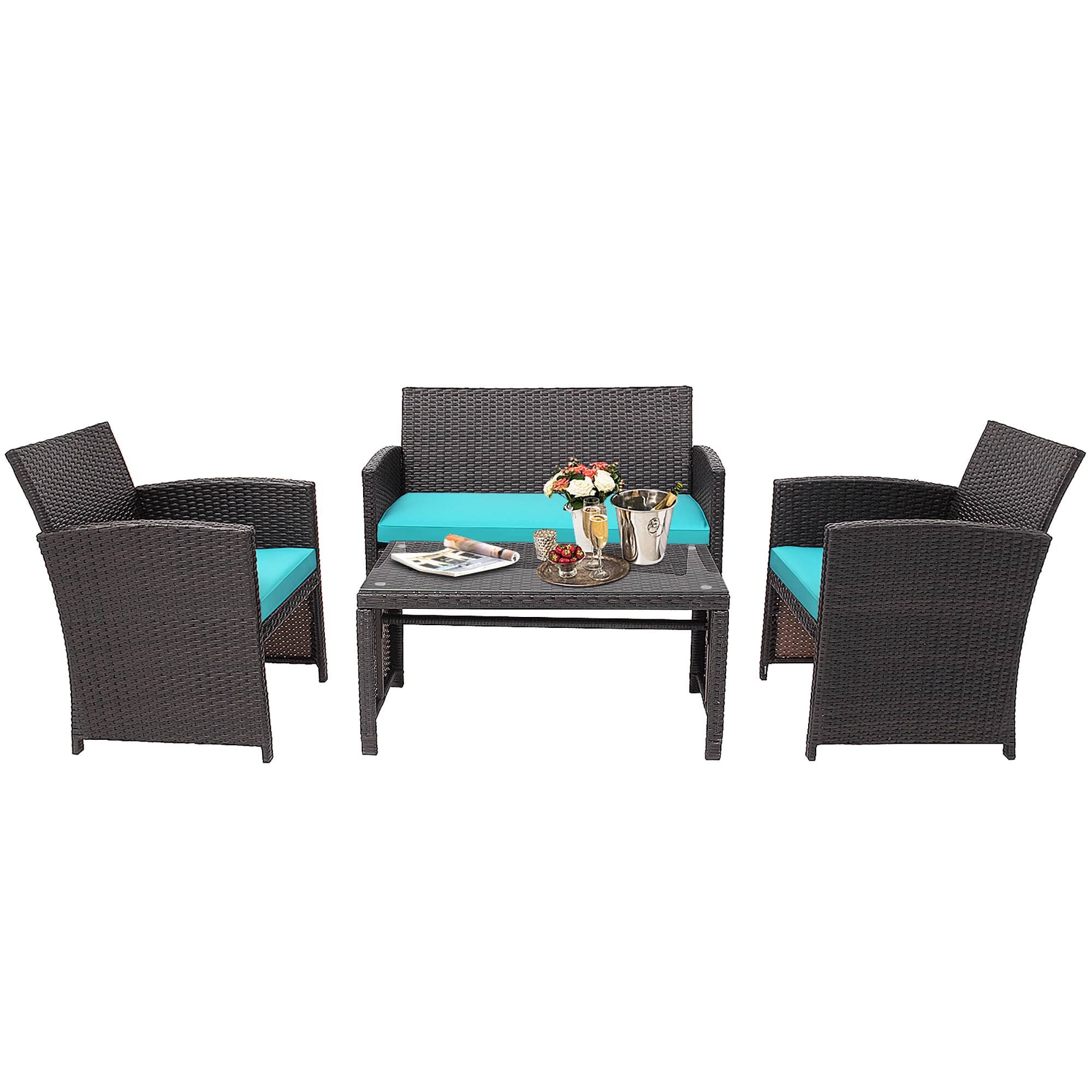 Alt View 7. Gymax - Gymax 4PCS Patio Conversation Set Outdoor Rattan Furniture Set w/ Turquoise Cushions - Turquoise.