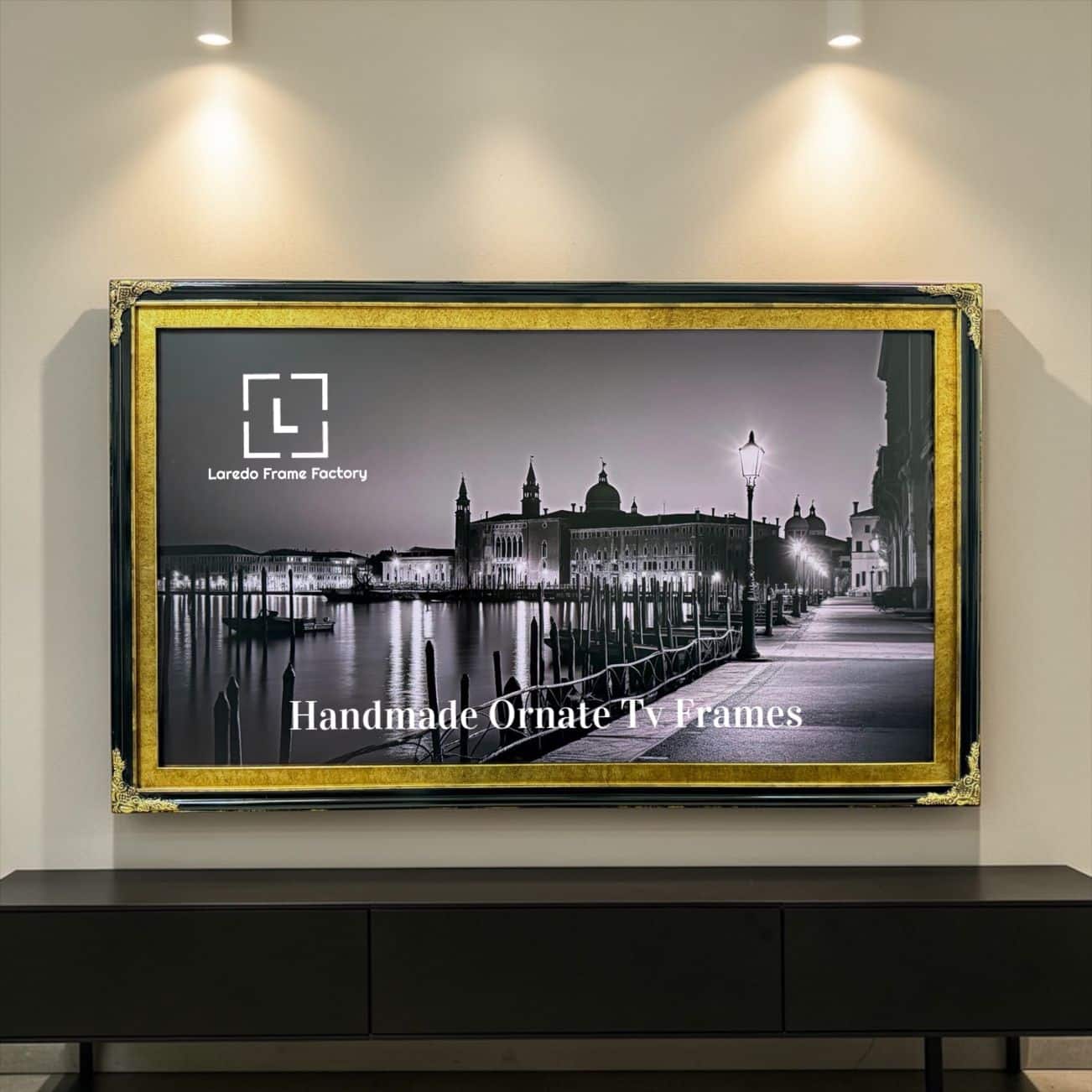 LAREDO FRAME FACTORY - 55 inch Hisense Canvas TV Ornate frame, Canvas TV by Hisense - GLOSSY BLACK WITH GOLD LEAF