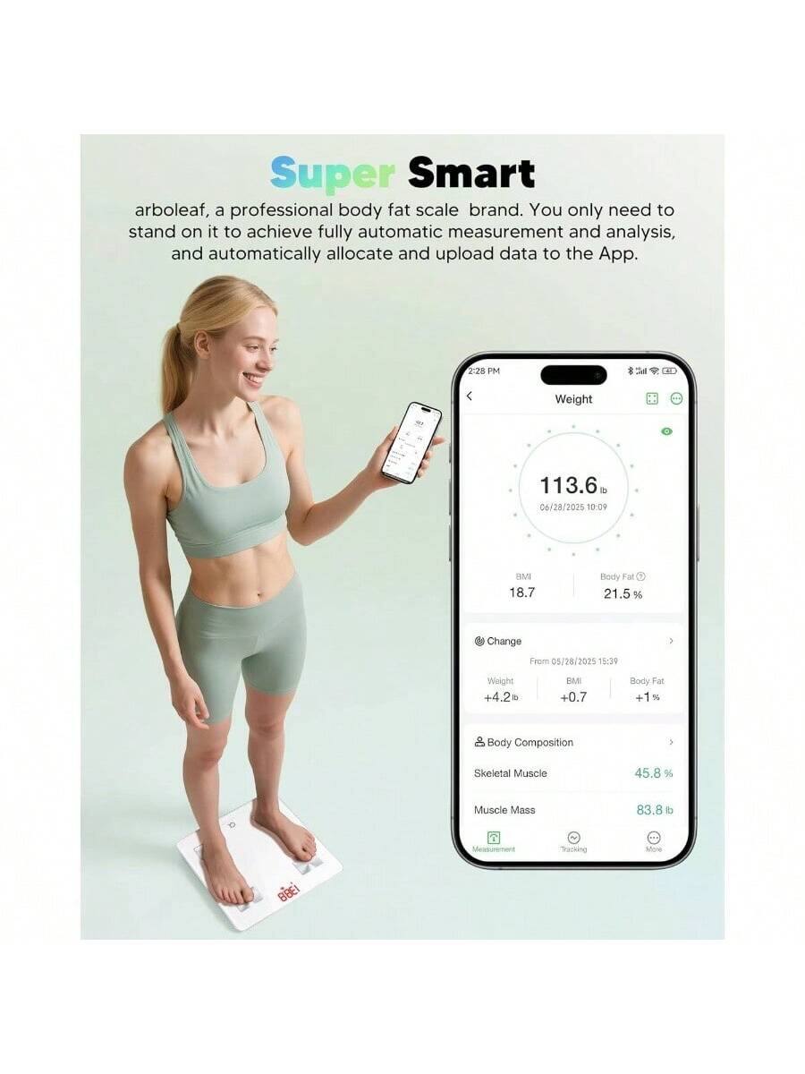 Super Smart  
arboleaf, a professional body fat scale brand. You only need to stand on it to achieve fully automatic measurement and analysis, and automatically allocate and upload data to the App.

2:28 PM  
Weight 113.6 lb  
06/28/2025 10:09  
BMI 18.7  
Body Fat 21.5 %  

Change From 05/28/2025 15:39  
Weight +4.2 lb  
BMI +0.7  
Body Fat +1 %  

Body Composition  
Skeletal Muscle 45.8 %  
Muscle Mass 83.8 lb  

Tracking