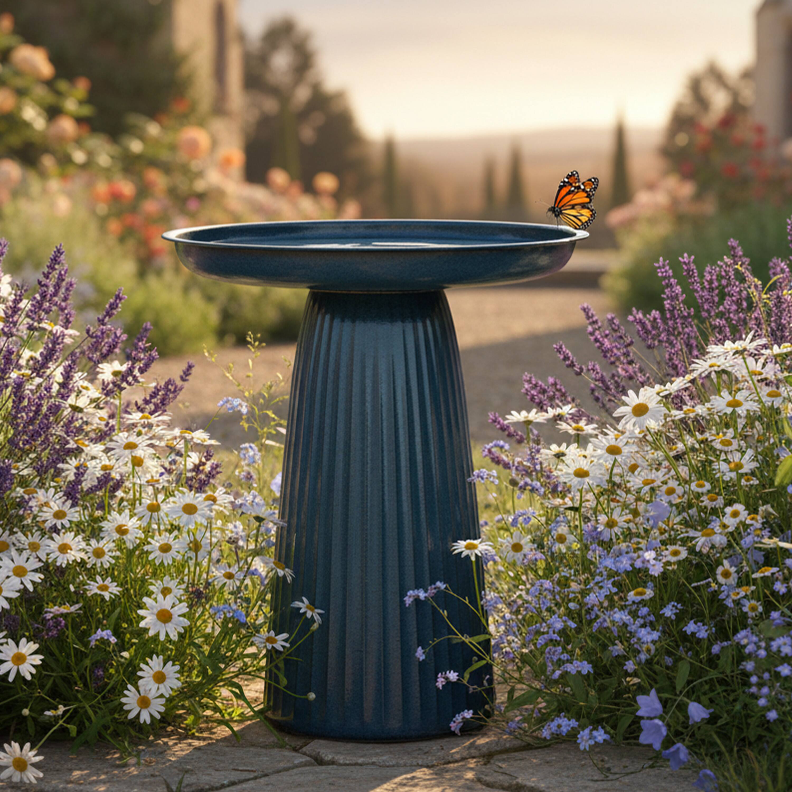 Alt View 7. Sunnydaze - Gleeful Garden Metal Outdoor Bird Bath - Blue Glaze.