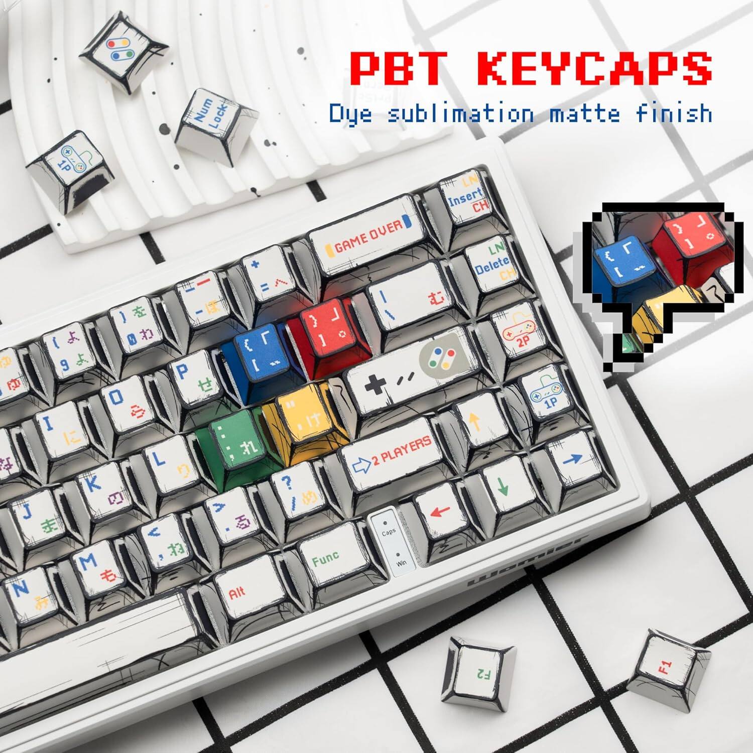 Num Lock PBT KEYCAPS Dye sublimation matte finish 1P LN Insert CH OVER GAME LN C Delete CH I B - ) - } B o ( ] 2P 9 I E P I 0 1P S I L 2 PLAYERS K ? > J < Capo Func N M d Larer Alt L ) O 1 F2 F1