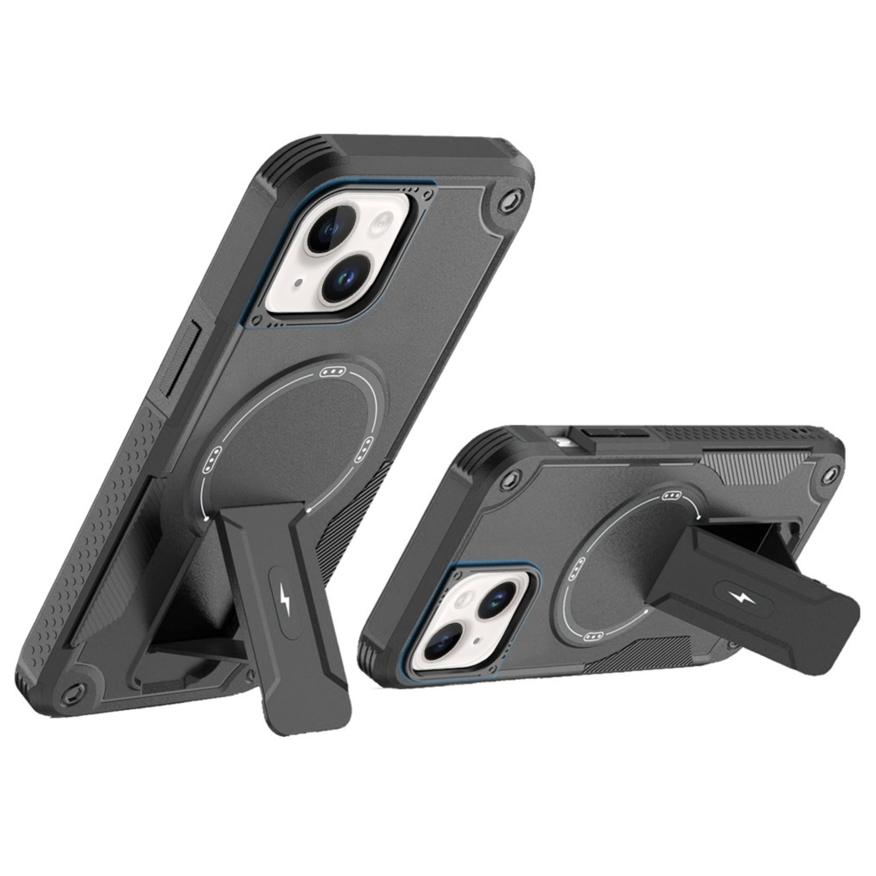 The image shows two black phone cases with built-in kickstands.