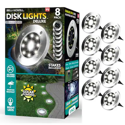 BELL+HOWELL TV 8 STAINLESS STEEL ADJUSTABLE TOP DISK LIGHTS - PACK GREAT ANGLE TV DELUXE ATO STAINLESS STEEL 3 STAKES INCLUDED! STAKES INCLUDED! NO WIRES REQUIRED WEATHER RESISTANT 8 BRIGHT LEDS SOLAR POWERED NO BATTERIES 8 PACK