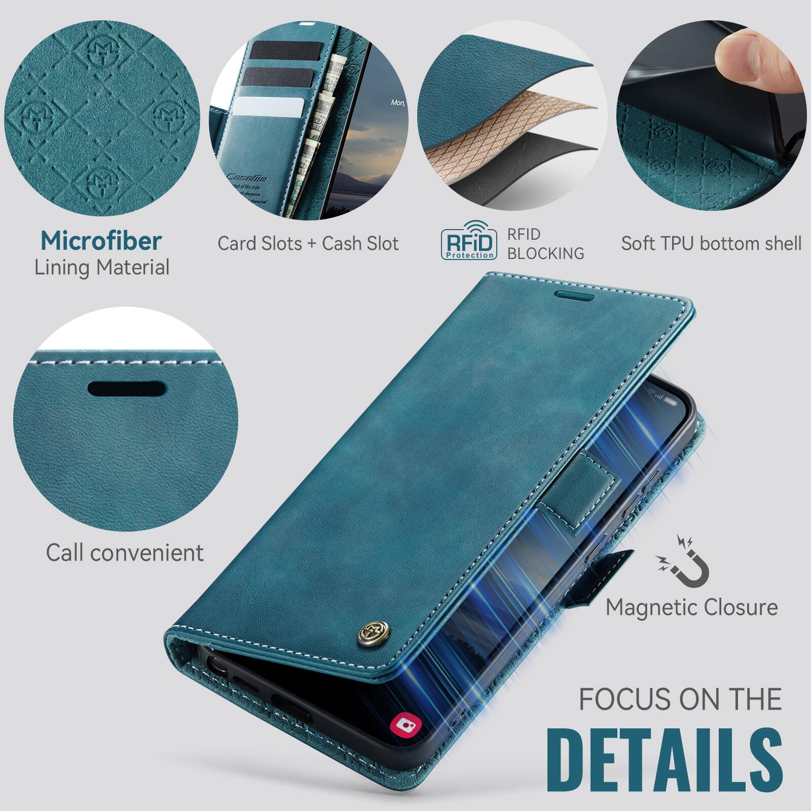 Mon Caselia Hingers

Microfiber Lining Material

Card Slots + Cash Slot

RFID Protection BLOCKING

Soft TPU bottom shell

Call convenient

Magnetic Closure

FOCUS ON THE DETAILS