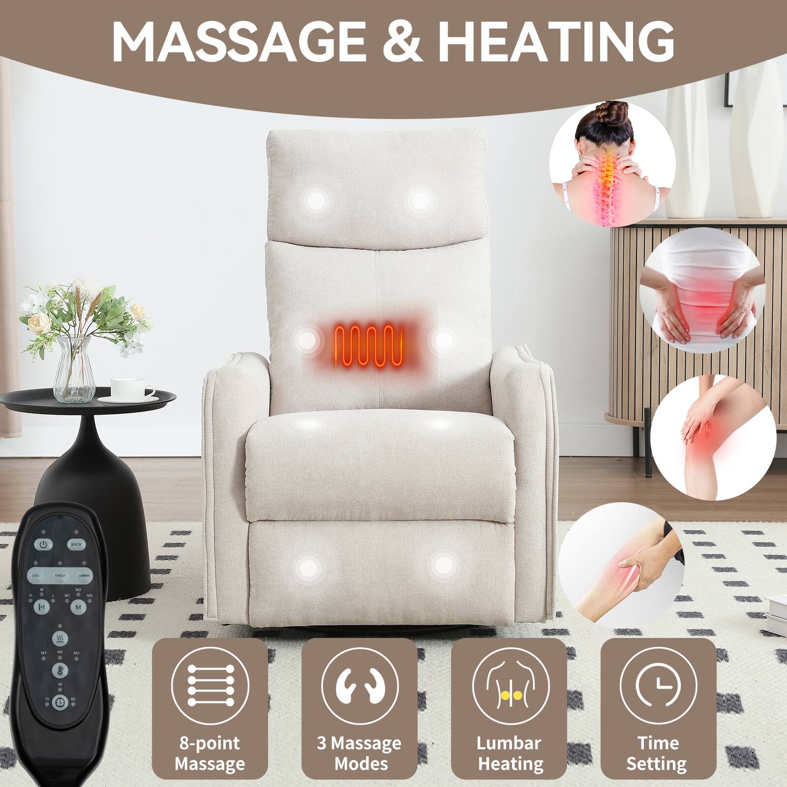 MASSAGE & HEATING

- 8-point Massage
- 3 Massage Modes
- Lumbar Heating
- Time Setting