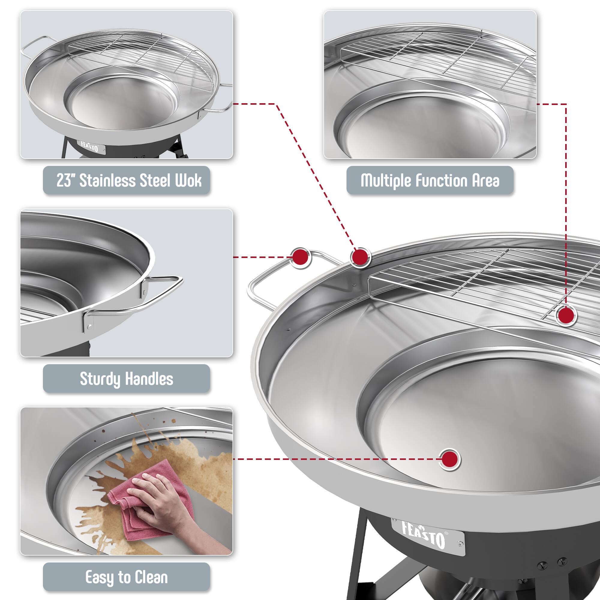 1610 23" Stainless Steel Wok Multiple Function Area Sturdy Handles Easy to Clean FEASTO