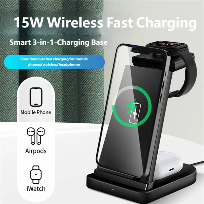 15W Wireless Fast Charging  
Smart 3-in-1-Charging Base  

Simultaneous fast charging for mobile phones/watches/headphones  

Mobile Phone  
Airpods  
iWatch