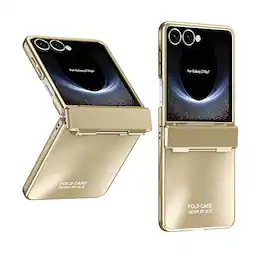 Dteck - Rugged Case for Samsung Galaxy Z Flip 7 Luxury Plating Electroplated Frosted Hard PC Cover with Hinge Protection - Gold