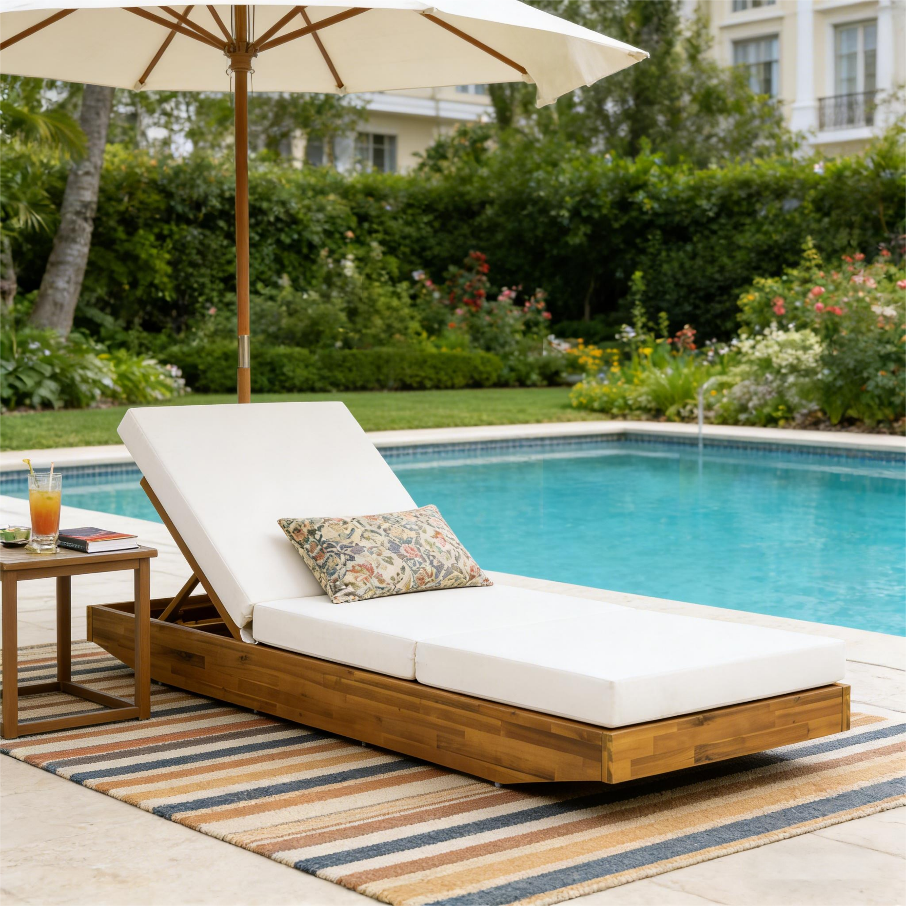 Angle. Anysun - Enhanced Comfort with 3-Fold Cushion Design Wooden Chaise Lounge, Assembly Required - Cream.