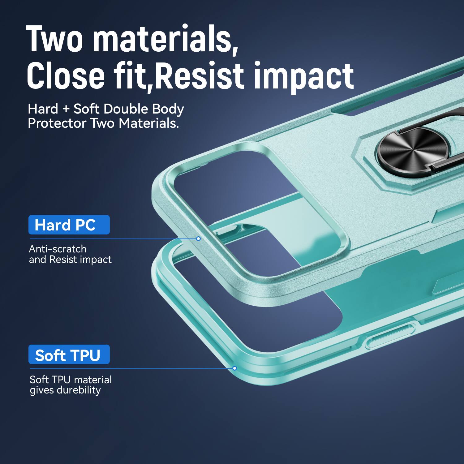 Two materials, Close fit, Resist impact  
Hard + Soft Double Body Protector Two Materials.  
Hard PC  
Anti-scratch and Resist impact  
Soft TPU  
Soft TPU material gives durability
