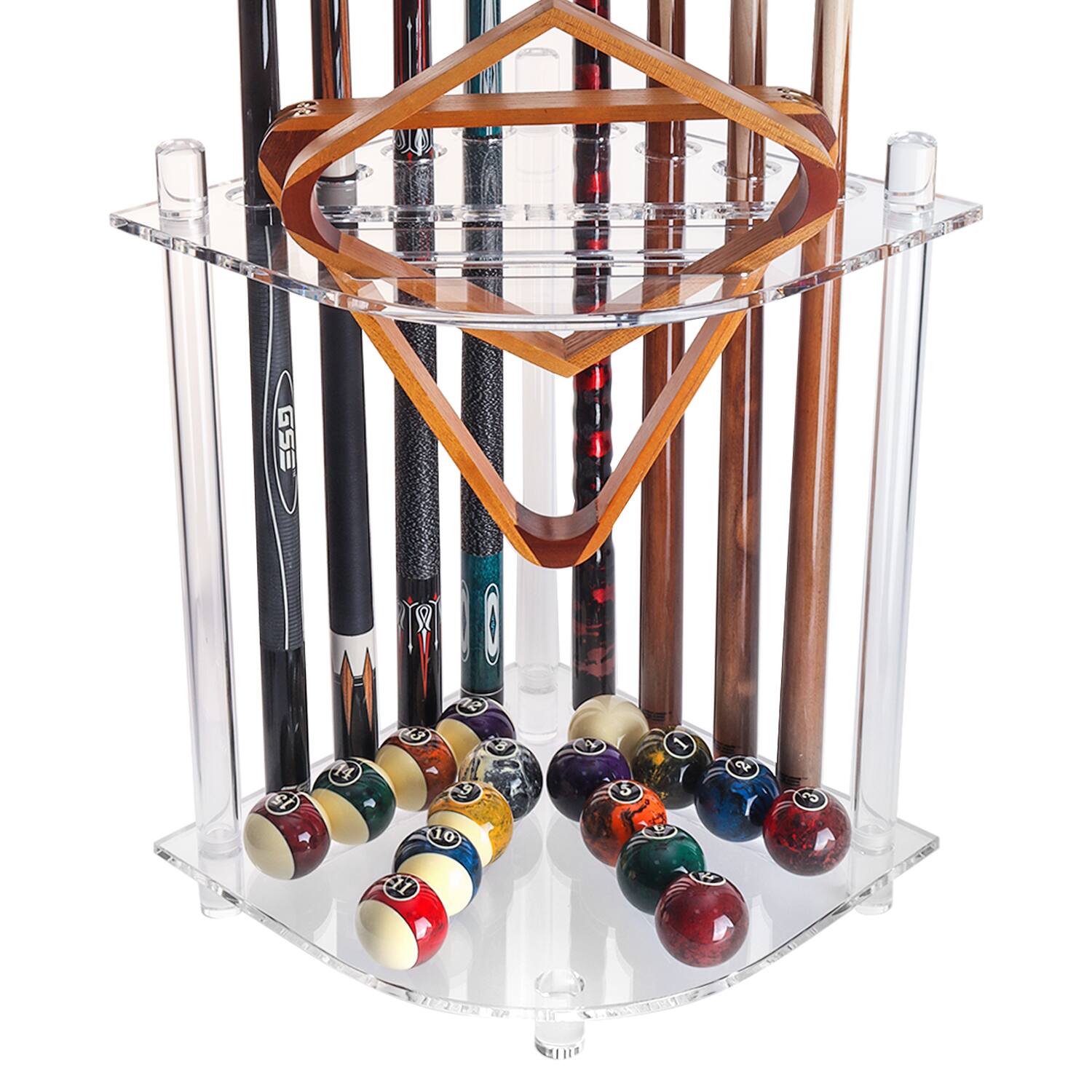 Front. GSE Games & Sports Expert - Acrylic Corner-Style 8 Corner Style Pool Cue Rack, Billiard Pool Cue Rack Only, Pool Cue Holder - Clear.