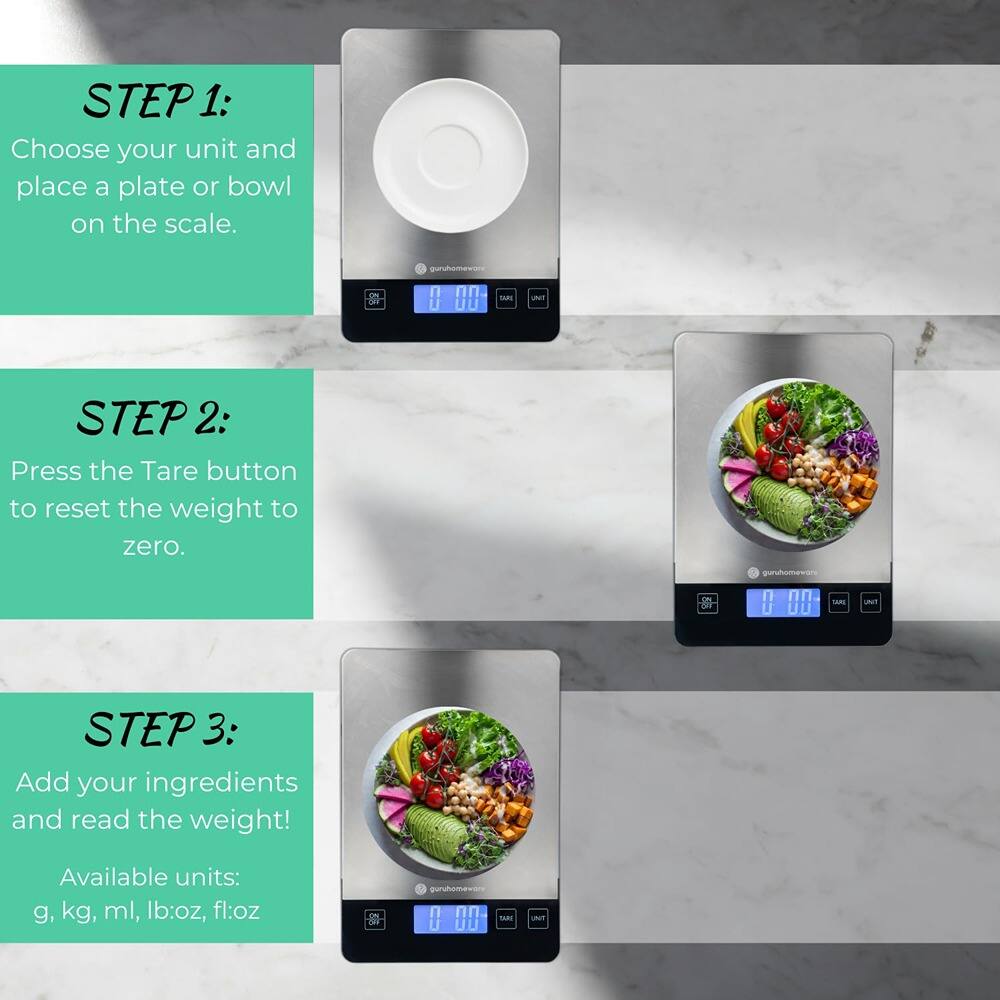 Sure, here is the corrected and grouped text:

---

**STEP 1:**
Choose your unit and place a plate or bowl on the scale.

**STEP 2:**
Press the Tare button to reset the weight to zero.

**STEP 3:**
Add your ingredients and read the weight!

Available units: g, kg, ml, lb:oz, fl:oz

---