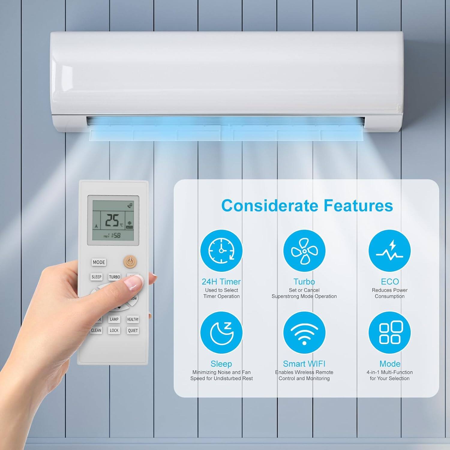 Considerate Features

- 24H Timer: Used to Select Timer Operation
- Turbo: Set or Cancel Superstrong Mode Operation
- ECO: Reduces Power Consumption
- Sleep: Minimizing Noise and Fan Speed for Undisturbed Rest
- Smart WiFi: Enables Wireless Remote Control and Monitoring
- Mode: 4-in-1 Multi-Function for Your Selection
