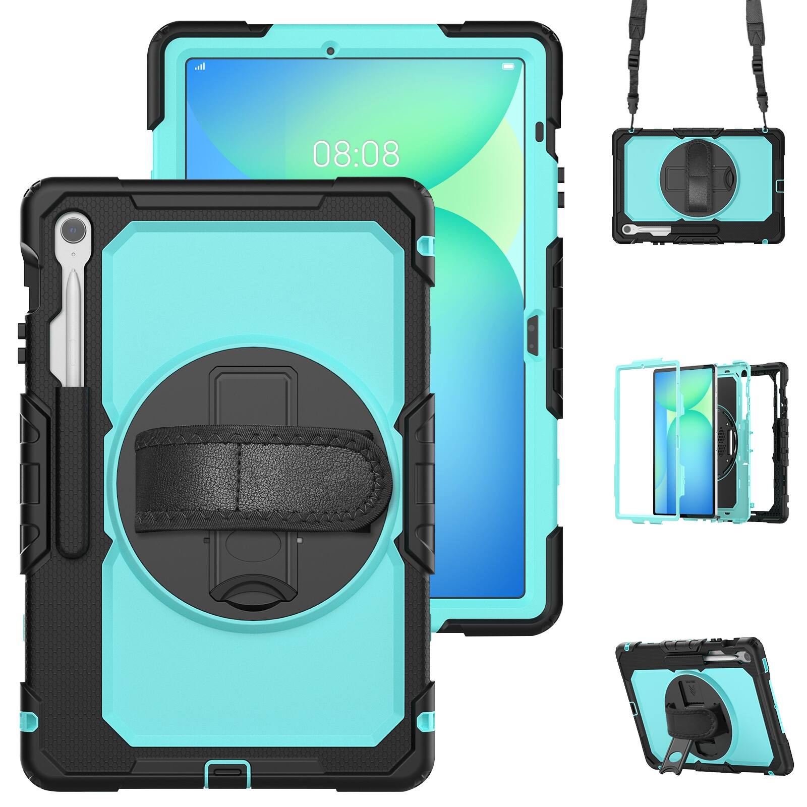Front. UUCOVER - Full Body Case for Samsung Galaxy Tab S10 FE+ 13.1" 2025 X620 X626B Built-in Screen Protector Stand Shoulder Strap Cover - Mint+Black.