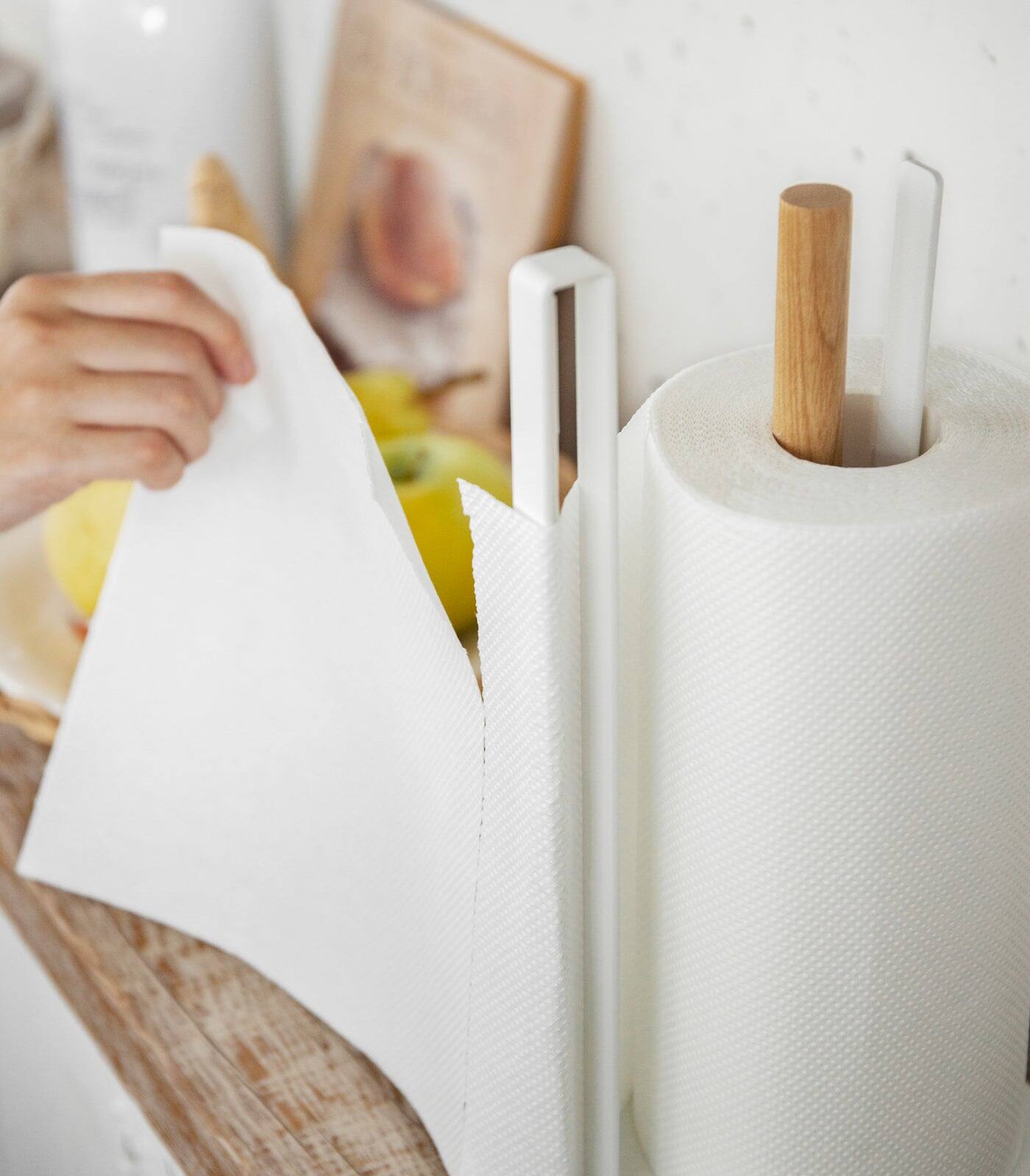 Back. Yamazaki Home - Paper Towel Holder - Steel + Wood - White.