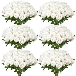 VEVOR - Artificial Flowers, 120 pcs Real Looking Foam Fake Roses Bulk, Faux Bridal Shower with Stems - White