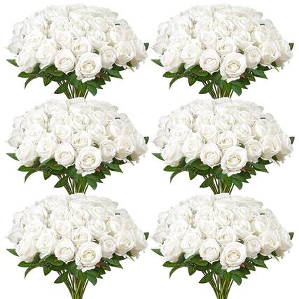 Front. VEVOR - Artificial Flowers, 120 pcs Real Looking White Foam Fake Roses Bulk, White Faux Bridal Shower with Stems - White.