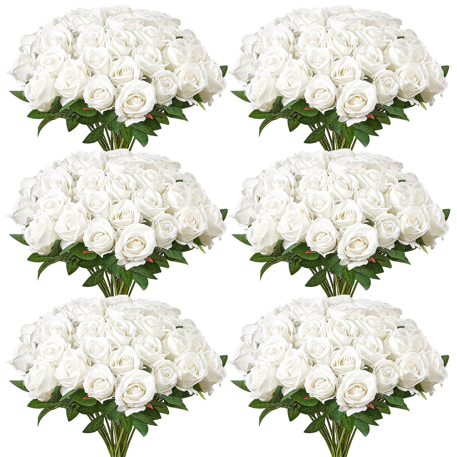 Front. VEVOR - Artificial Flowers, 120 pcs Real Looking White Foam Fake Roses Bulk, White Faux Bridal Shower with Stems - White.