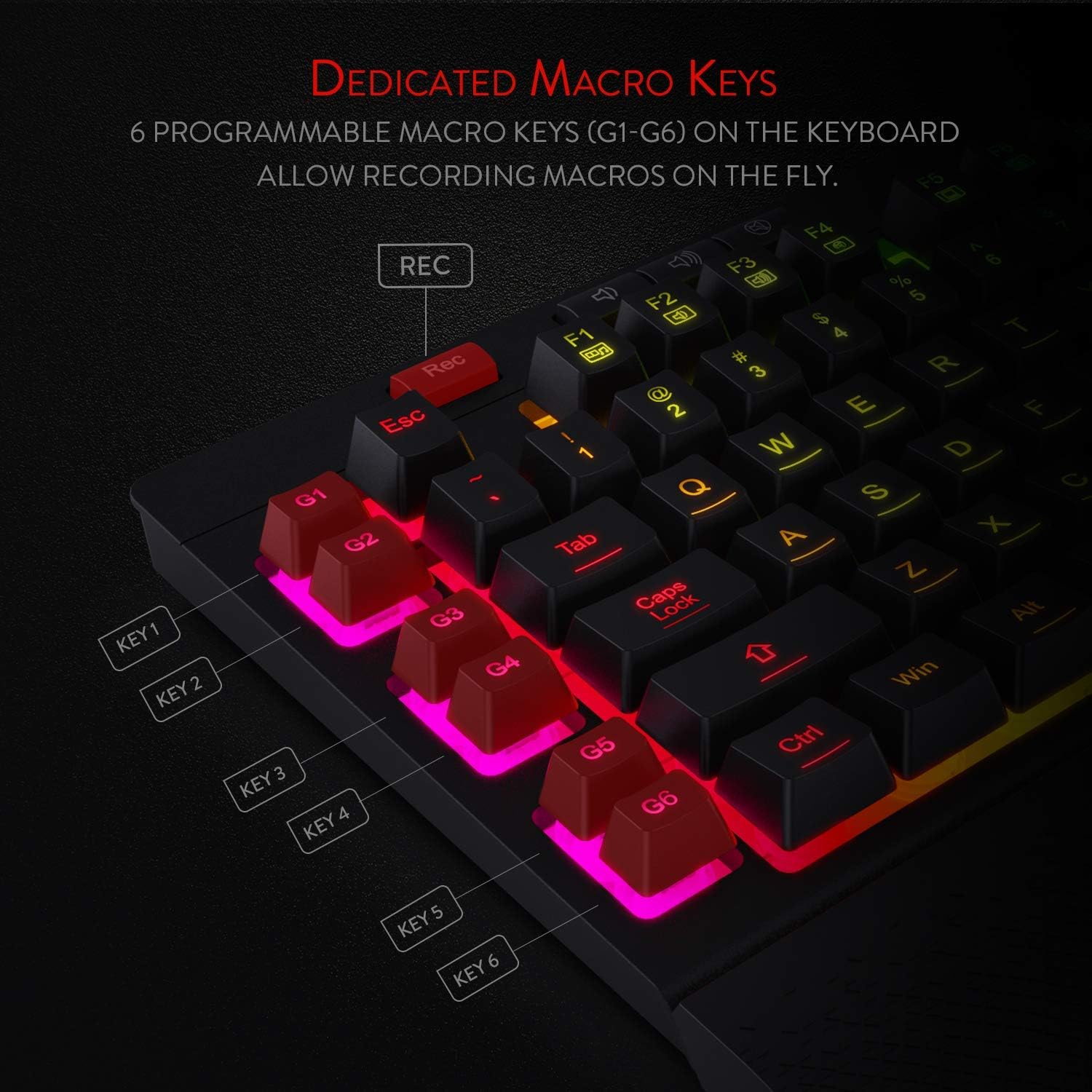 DEDICATED MACRO KEYS  
6 PROGRAMMABLE MACRO KEYS (G1-G6) ON THE KEYBOARD ALLOW RECORDING MACROS ON THE FLY.  

REC  
Esc G1 G2 G3 KEY1 G4 KEY2 KEY3 KEY4 KEY5 KEY6  
F4 A F3 % F2 5 F1 4 T 3 R 2 E F W D Q S C A X Tab Z Caps Lock Alt Win G5 Ctrl G6