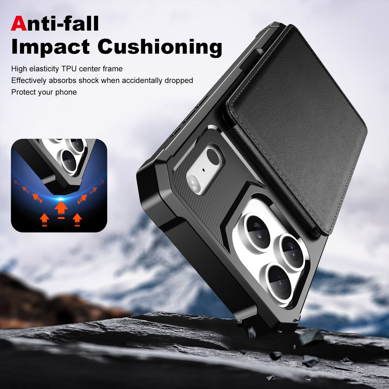 Anti-fall Impact Cushioning

High elasticity TPU center frame  
Effectively absorbs shock when accidentally dropped  
Protect your phone