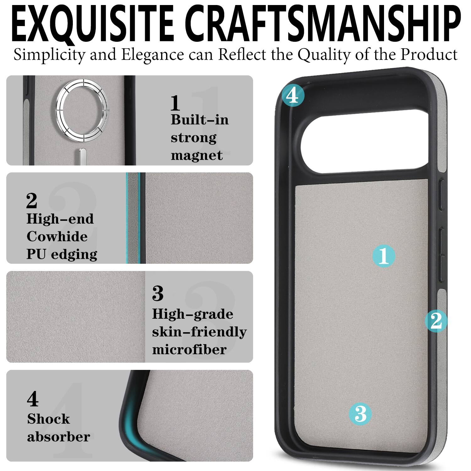 EXQUISITE CRAFTSMANSHIP  
Simplicity and Elegance can Reflect the Quality of the Product

1. Built-in strong magnet  
2. High-end Cowhide PU edging  
3. High-grade skin-friendly microfiber  
4. Shock absorber